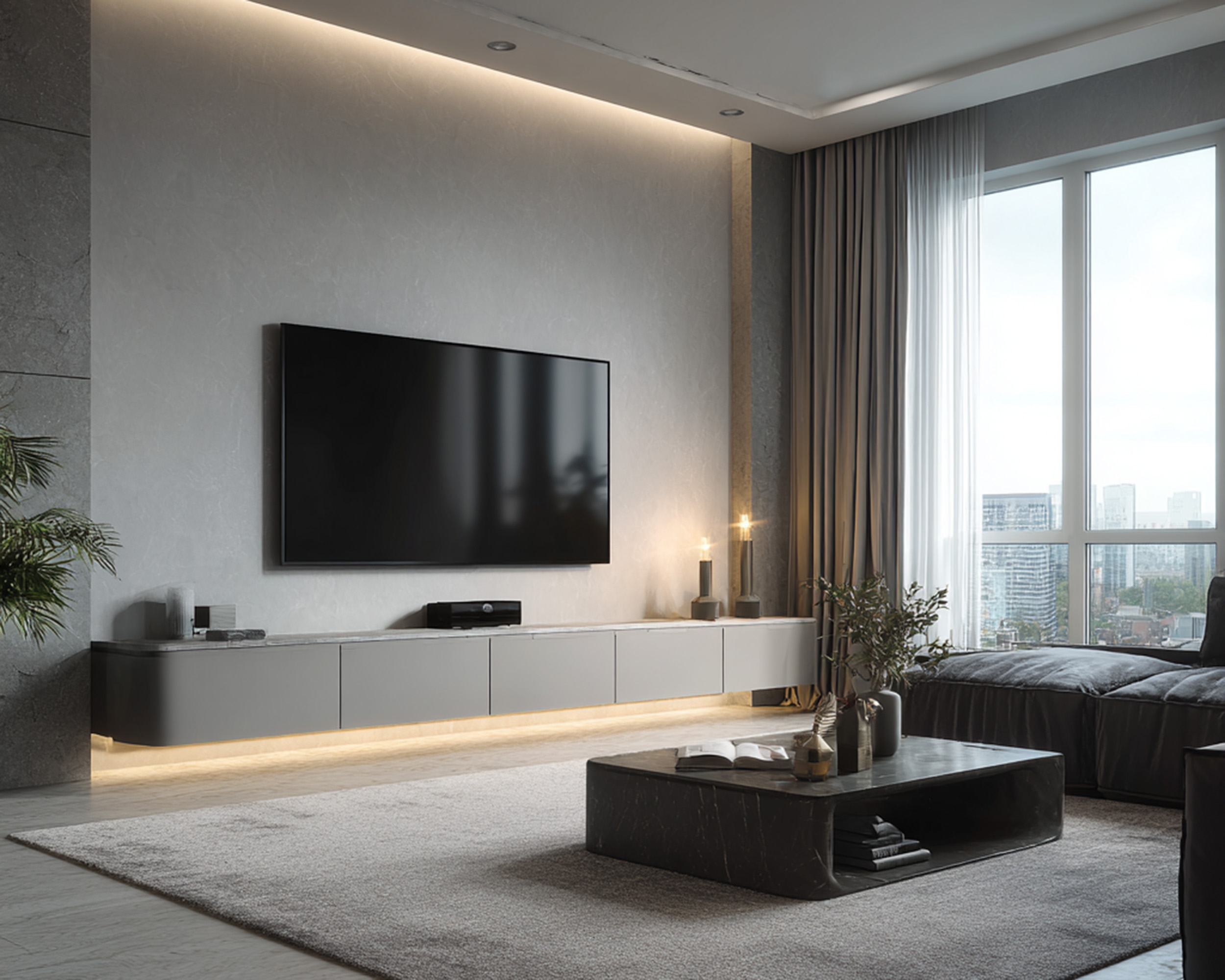 Modern Grey TV Unit Design with PU in Matte Finish Floating Cabinet ...