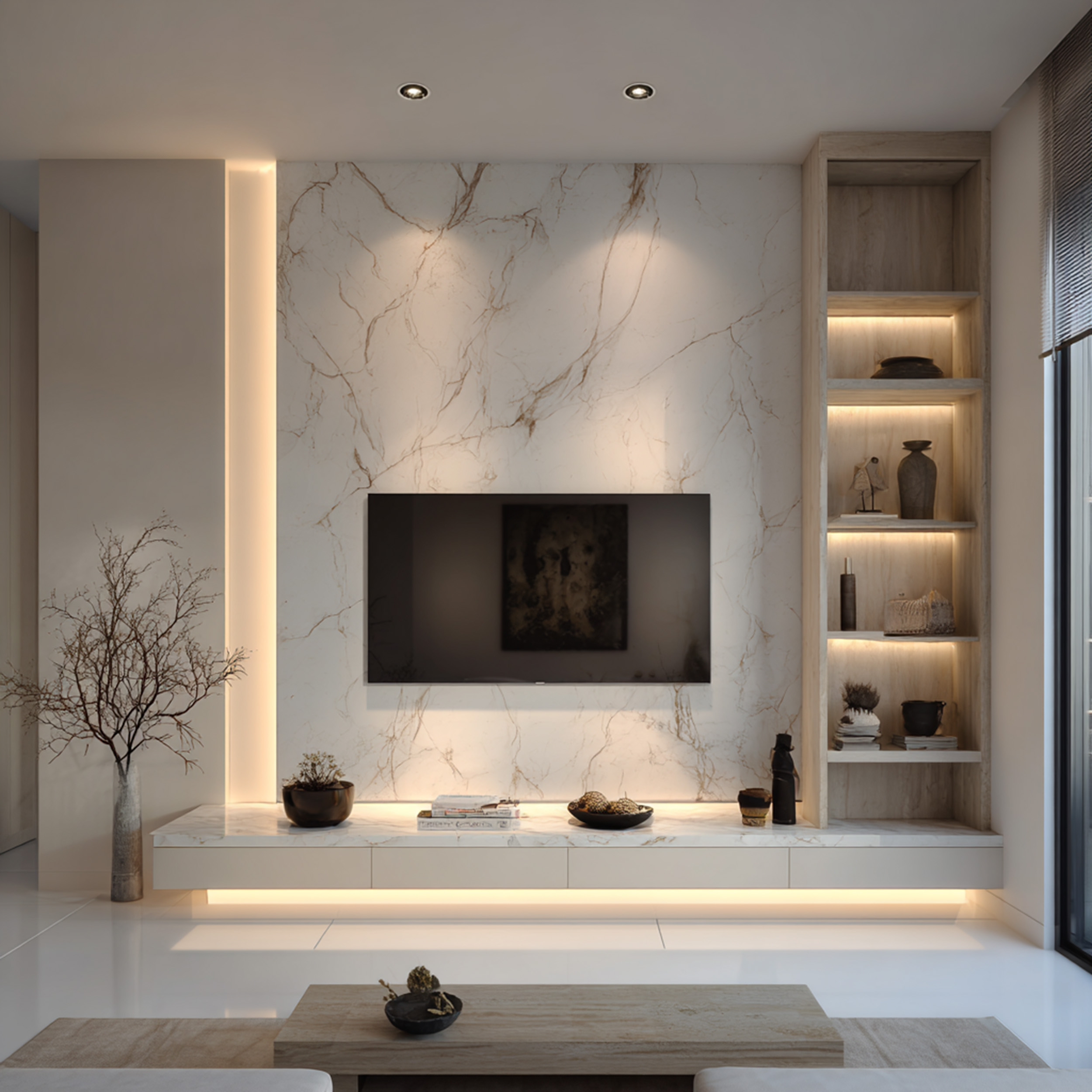 Modern Champagne and Acacia TV Unit Design With Marble Backlit Panel ...