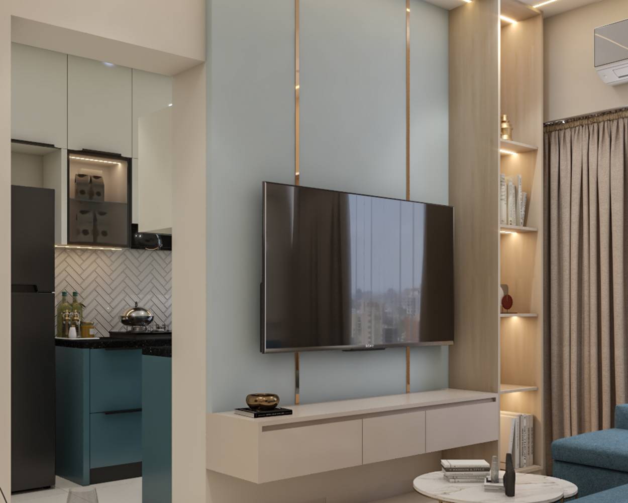 Contemporary White and Walnut TV Unit Design with Tall Storage and ...