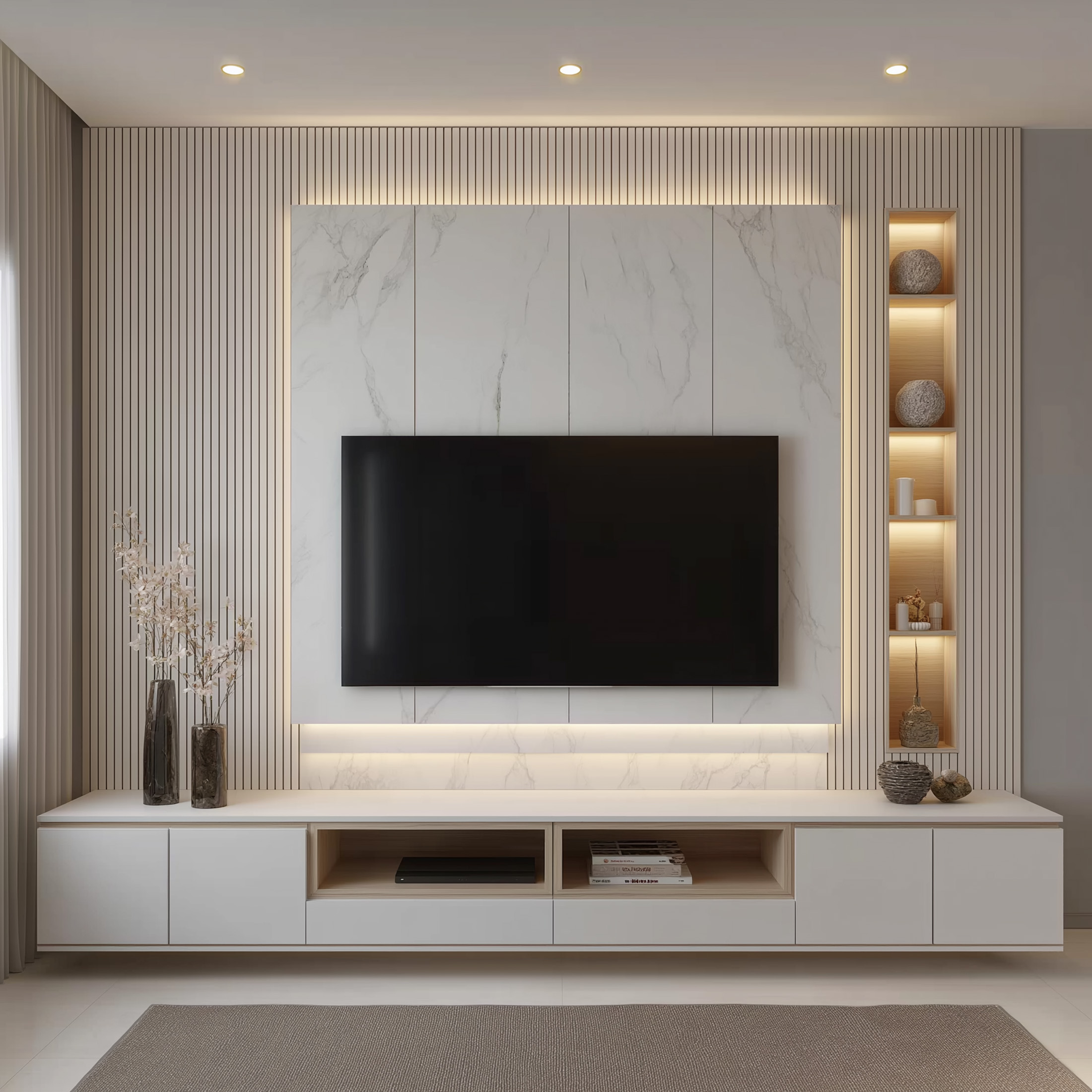 Champagne and Walnut Contemporary TV Unit Design with Marble Backdrop ...