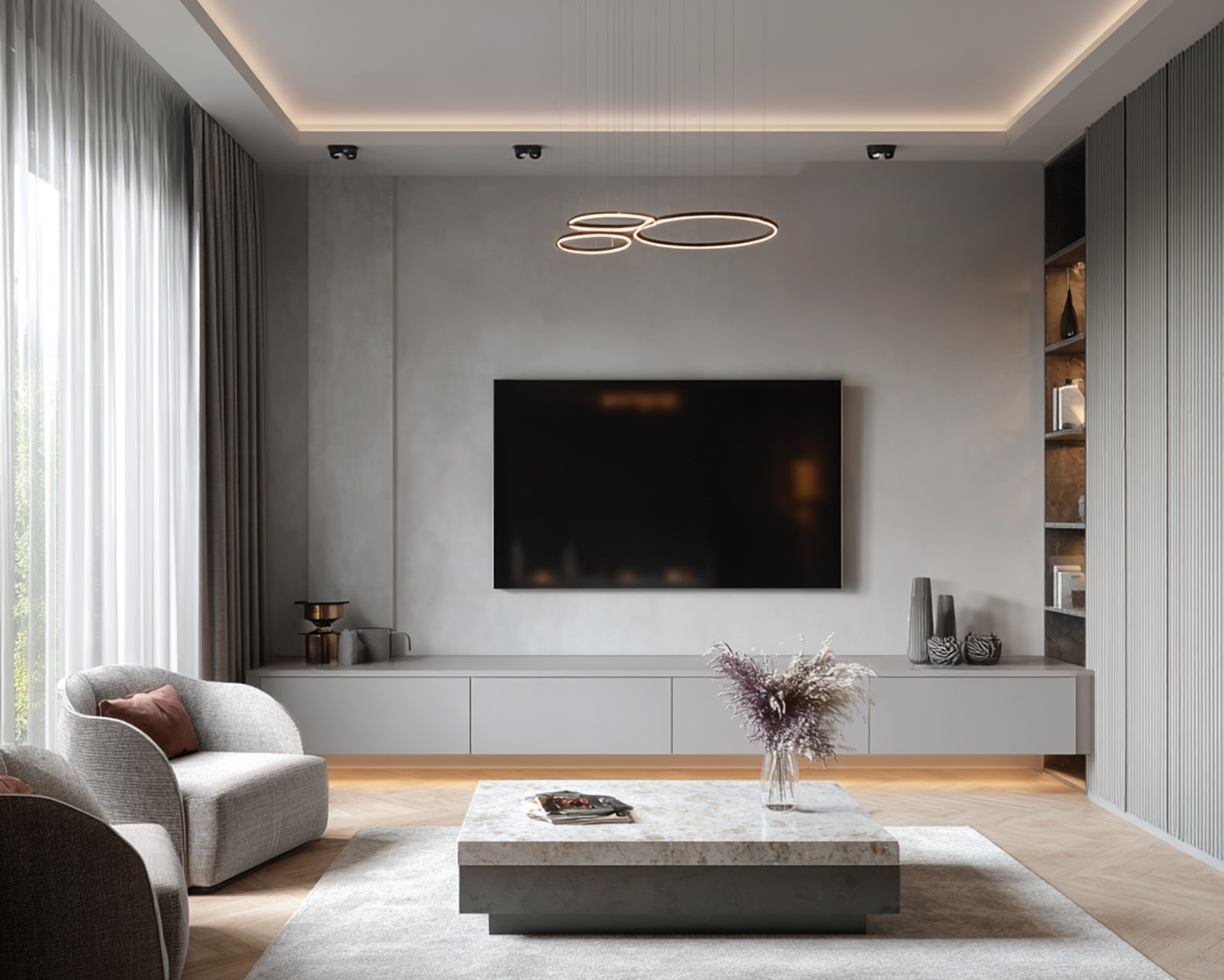 Grey Modern TV Unit Design with Ribbed Panels Drawer and Shelf | Livspace