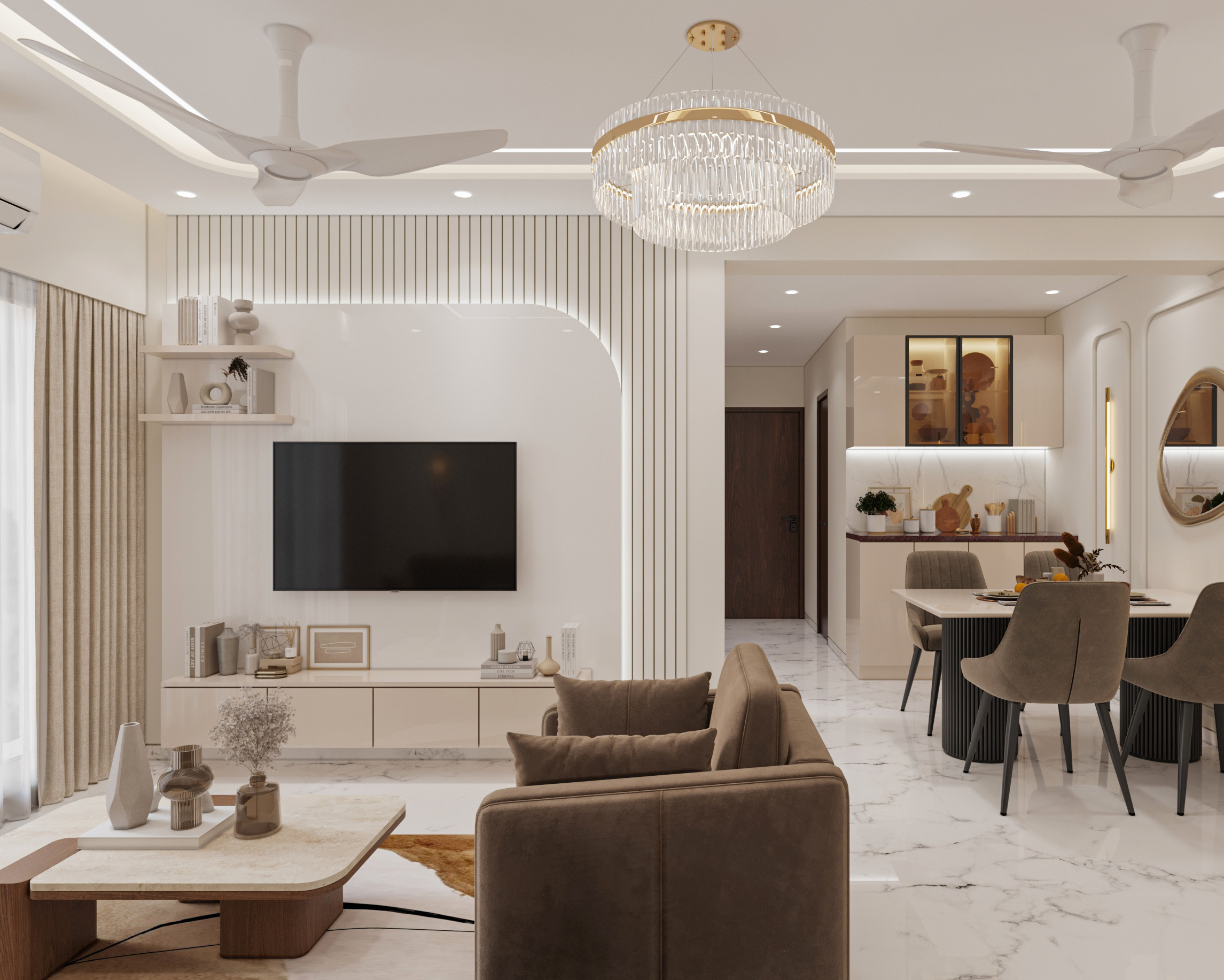Contemporary High Gloss Beige and White TV Unit Design with Ribbed ...