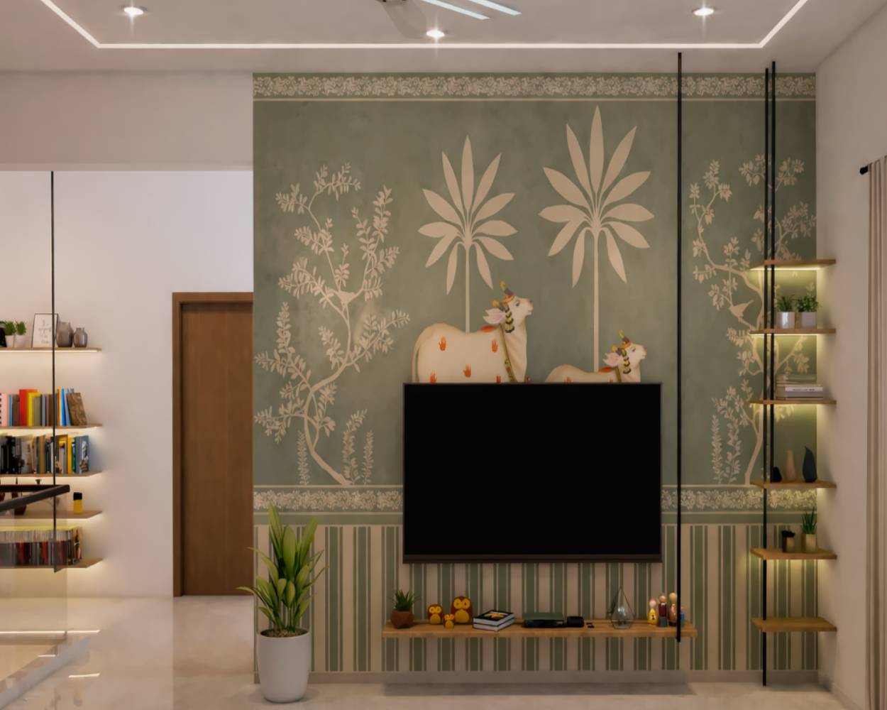 Contemporary TV Unit Design with Floating Walnut Console and Shelves ...