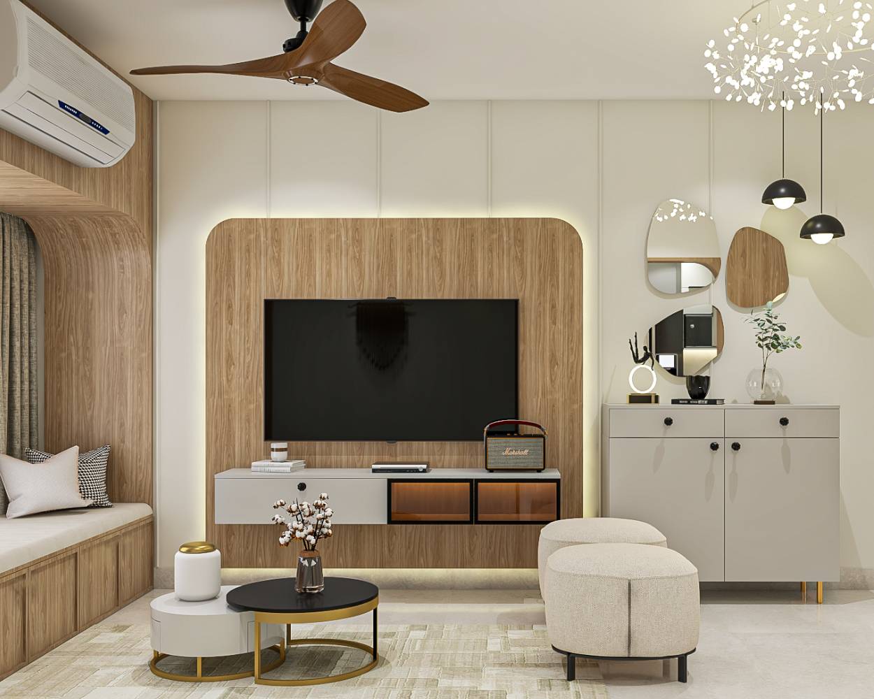 White Contemporary TV Unit Design with Acacia Wood Panel and Curved ...