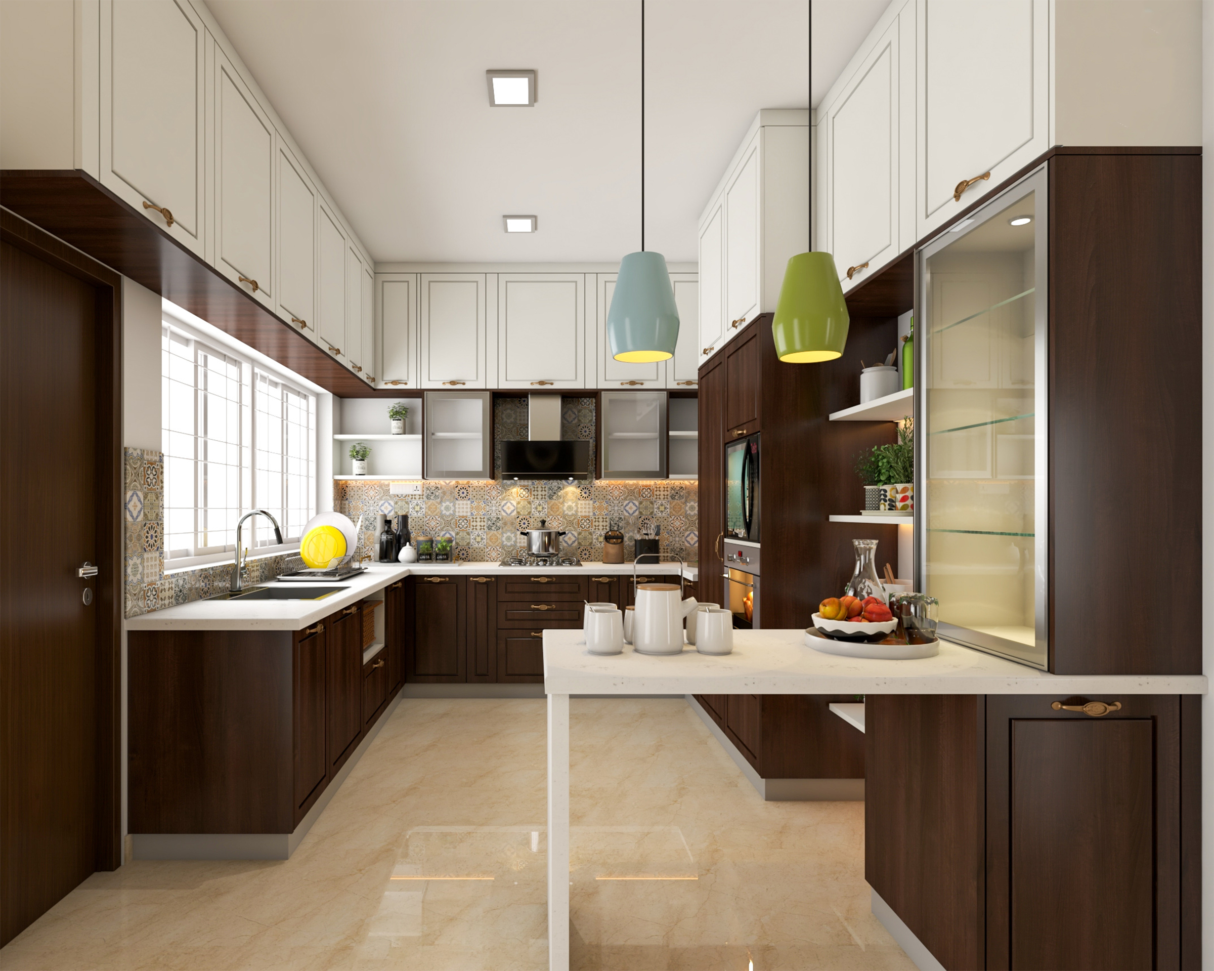 Traditional Kitchen with Wooden Shutters and Patterned Dado | Livspace