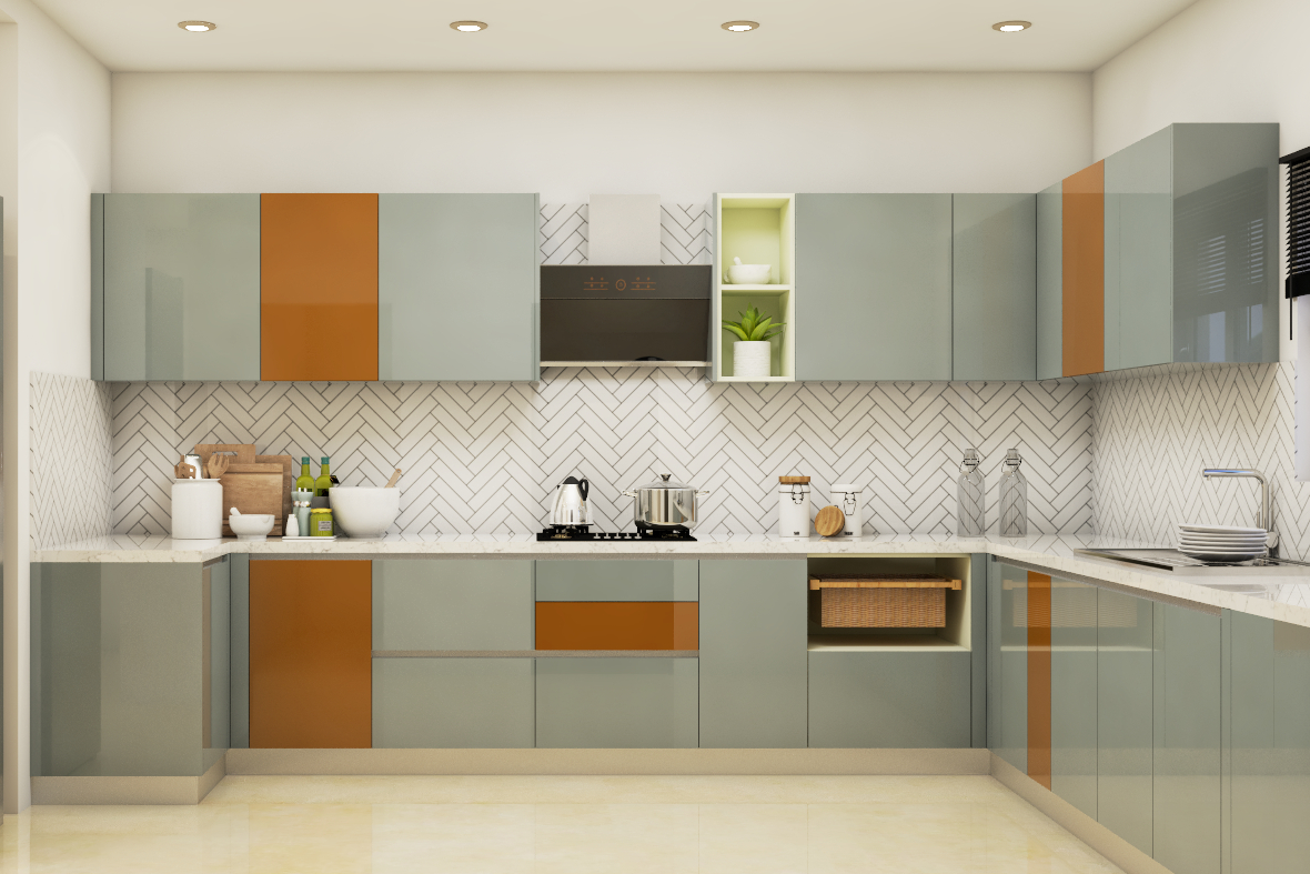 Premium Kitchen with Glossy Look and White Patterned Dado | Livspace