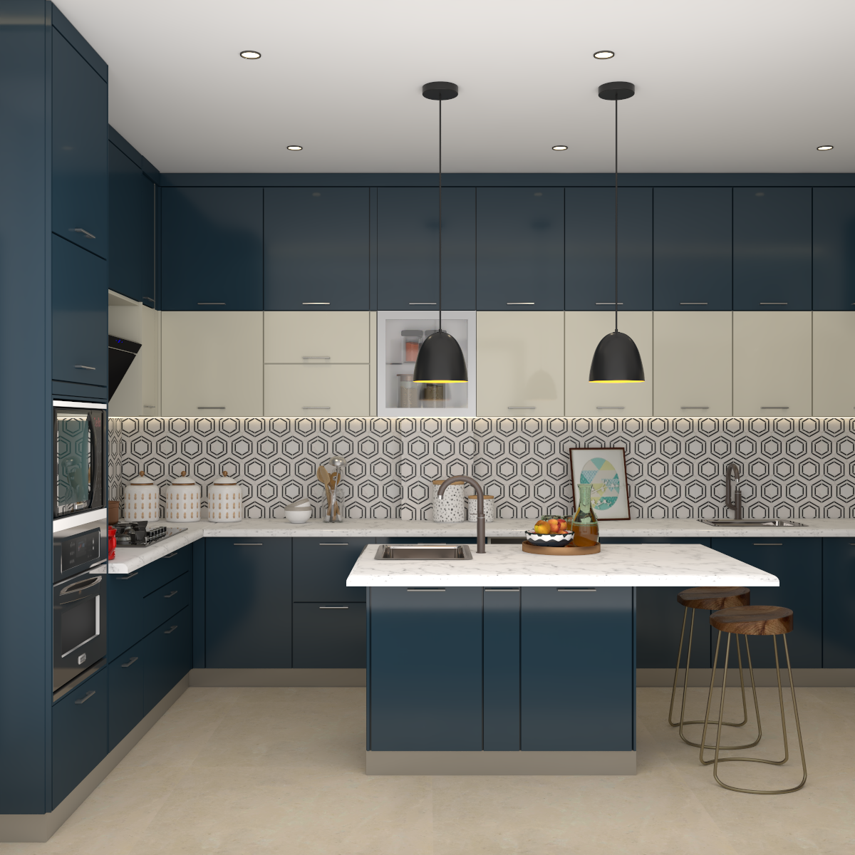 Premium Blue and White Modular Kitchen with Ambient Lights | Livspace