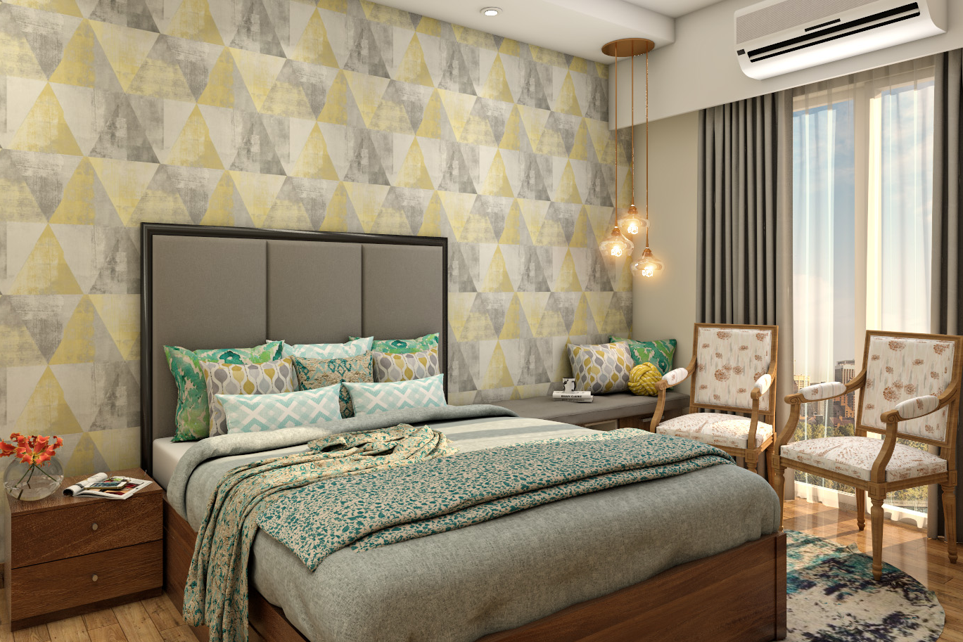 Contemporary Design Convenient Compact Textured Master Bedroom | Livspace