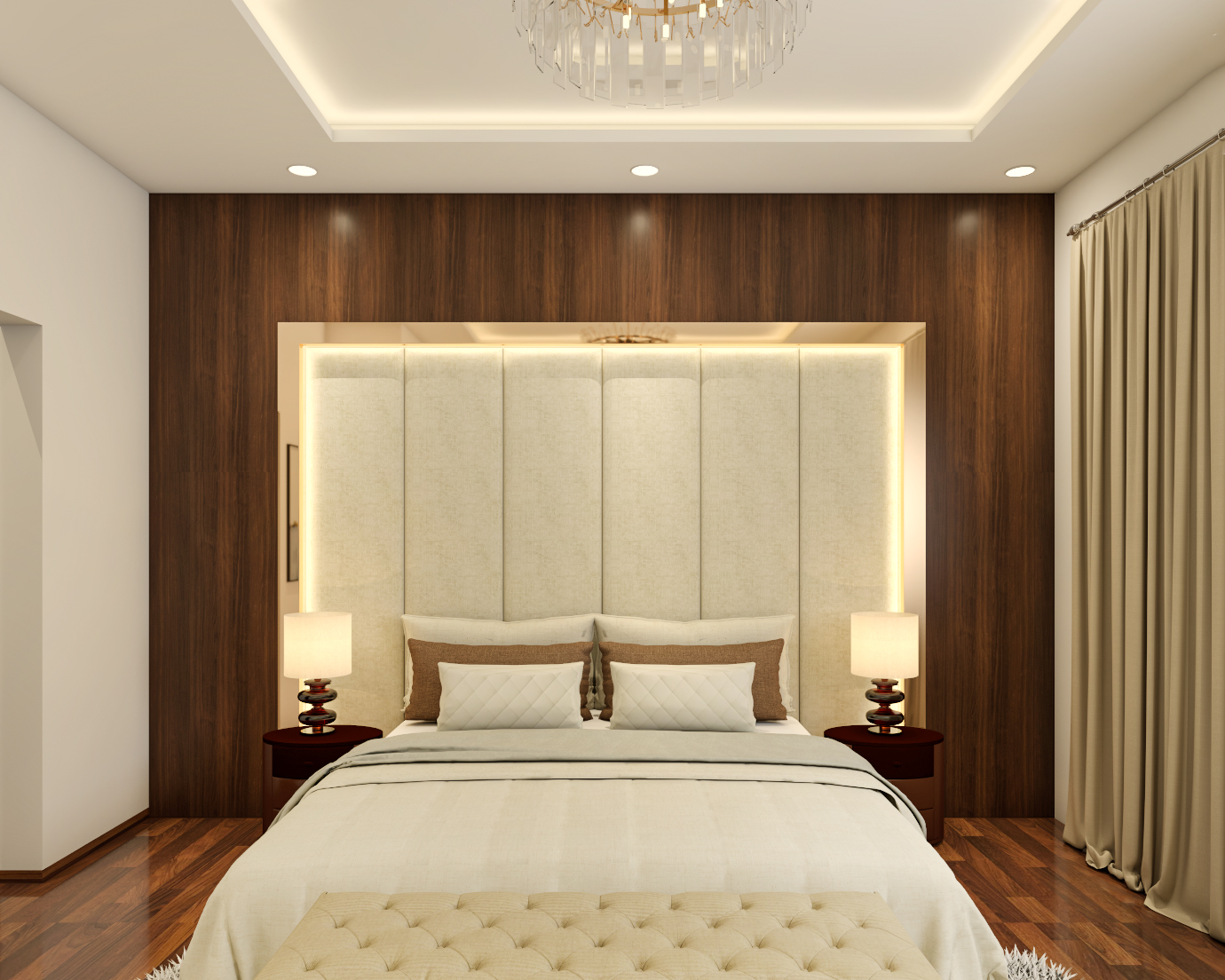 Spacious White Master Bedroom Design With Wooden Wall Panel | Livspace