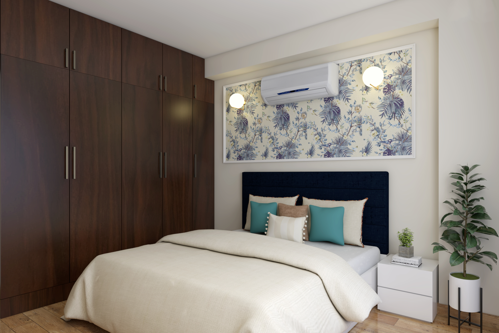 Spacious White Master Bedroom Design With Wooden Wardrobe | Livspace