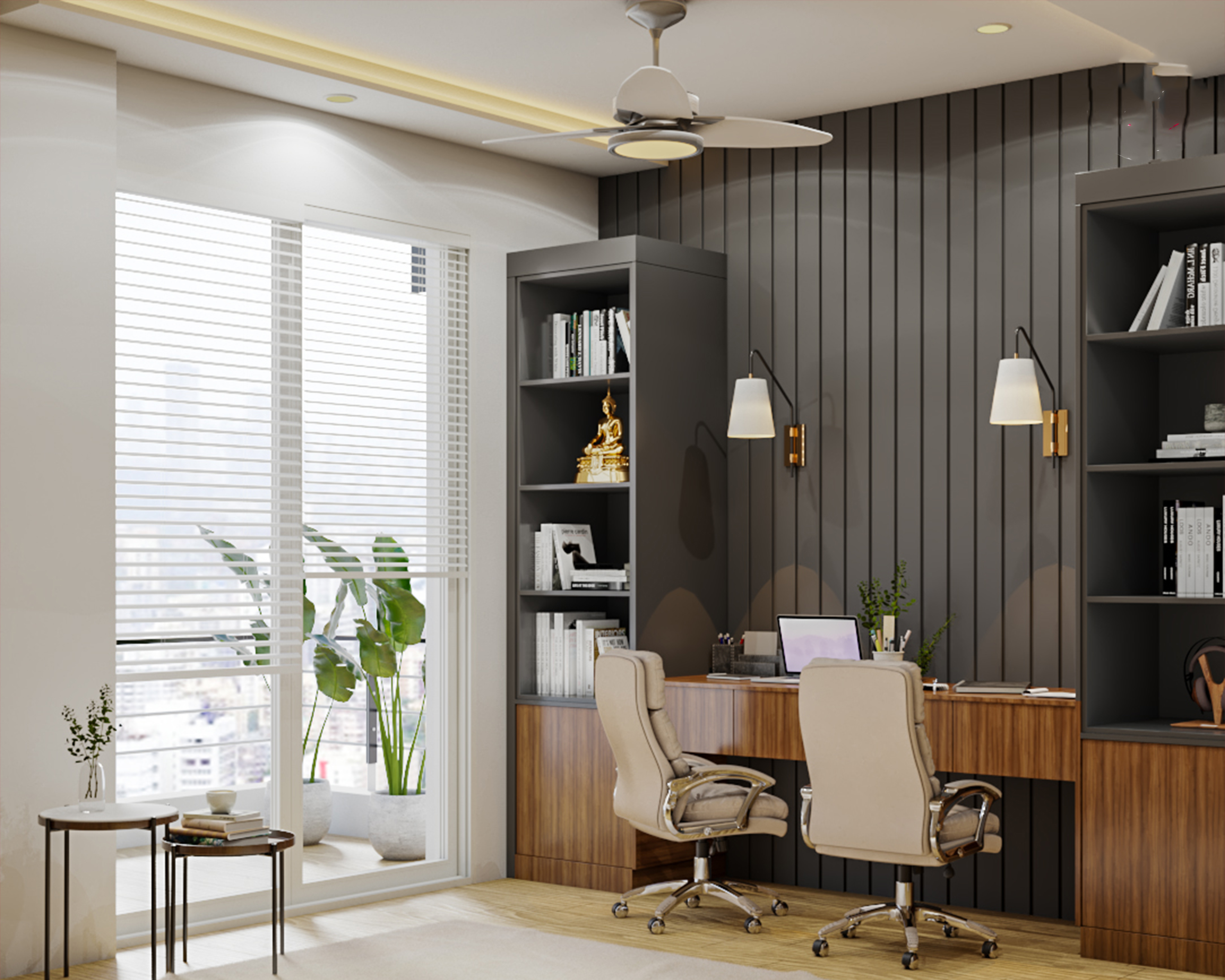 Wood and Grey Classic Spacious Home Office Interior Design Idea | Livspace