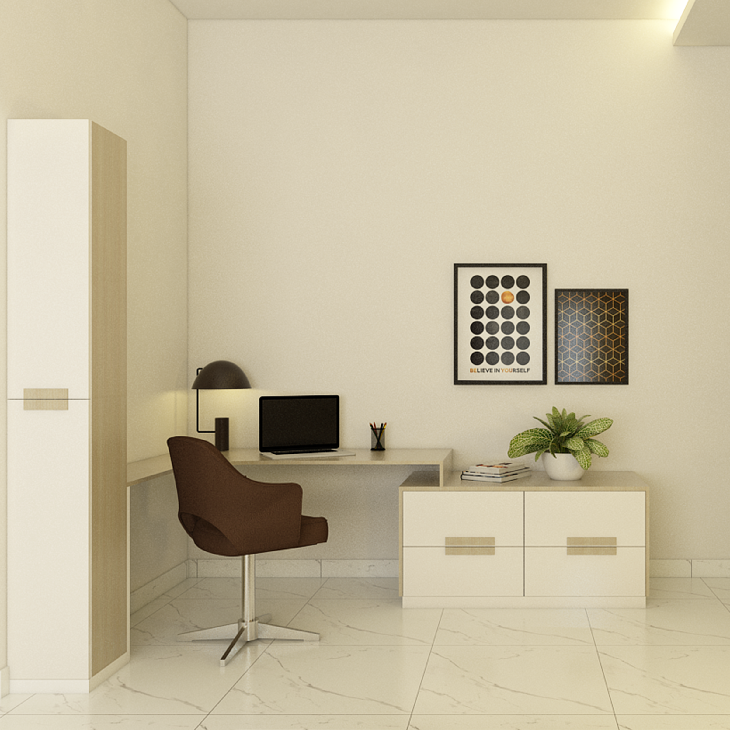 Light Modern Spacious Home Office Interior Design with Ambient Lighting ...