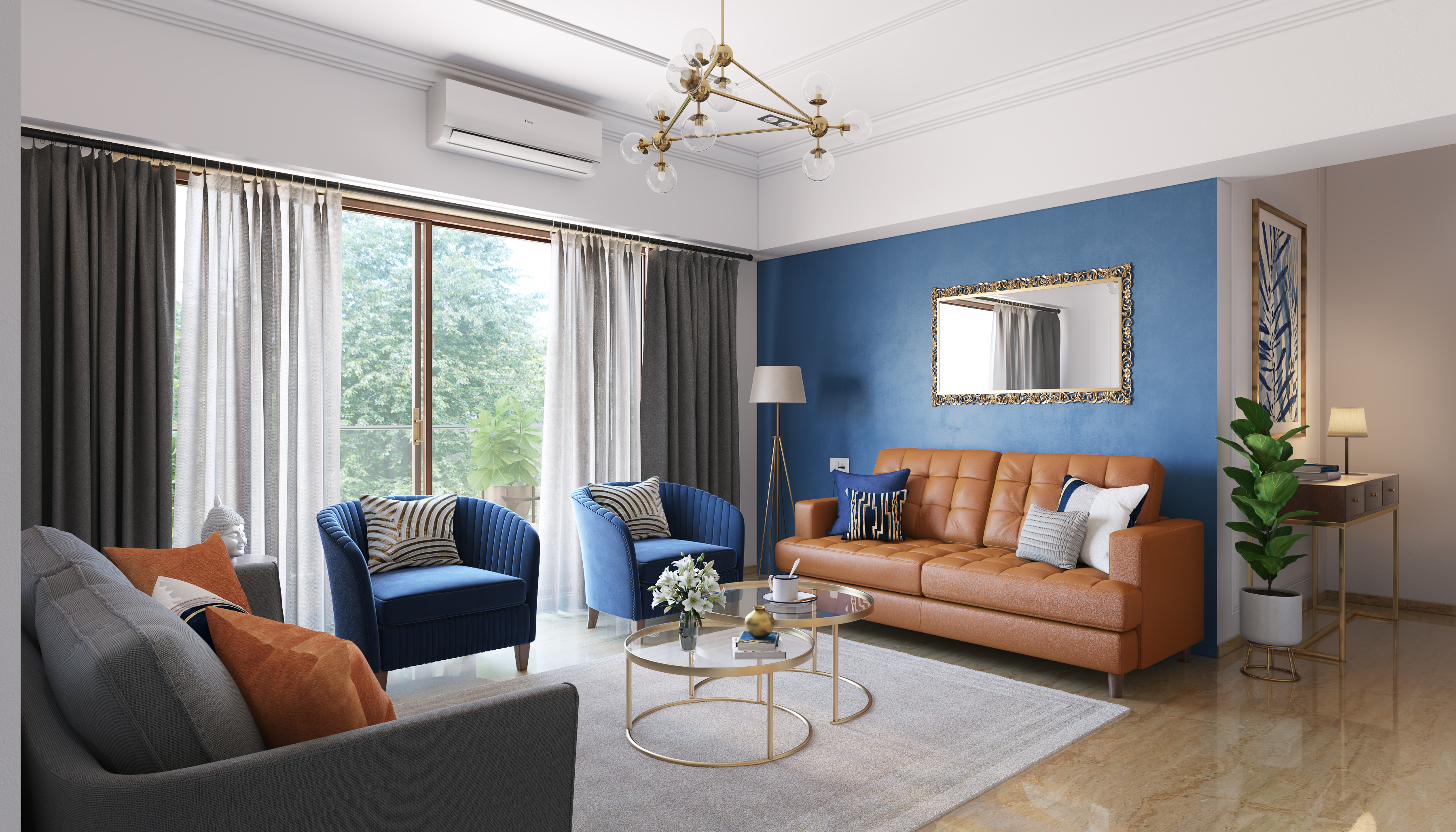 Spacious Elegant Design Blue Toned Living Room | Livspace