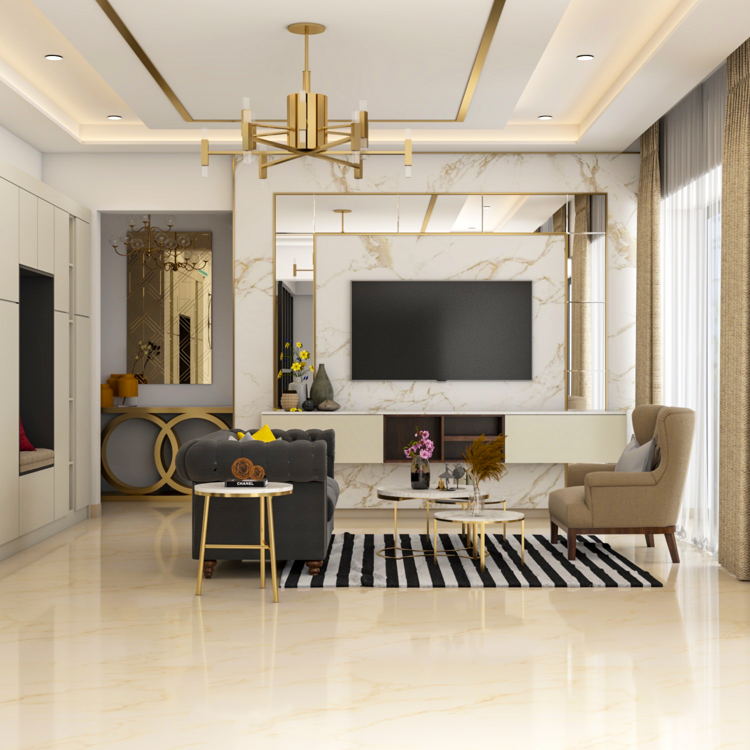 Spacious Size Modern Style Convenient Living Room Design | Livspace
