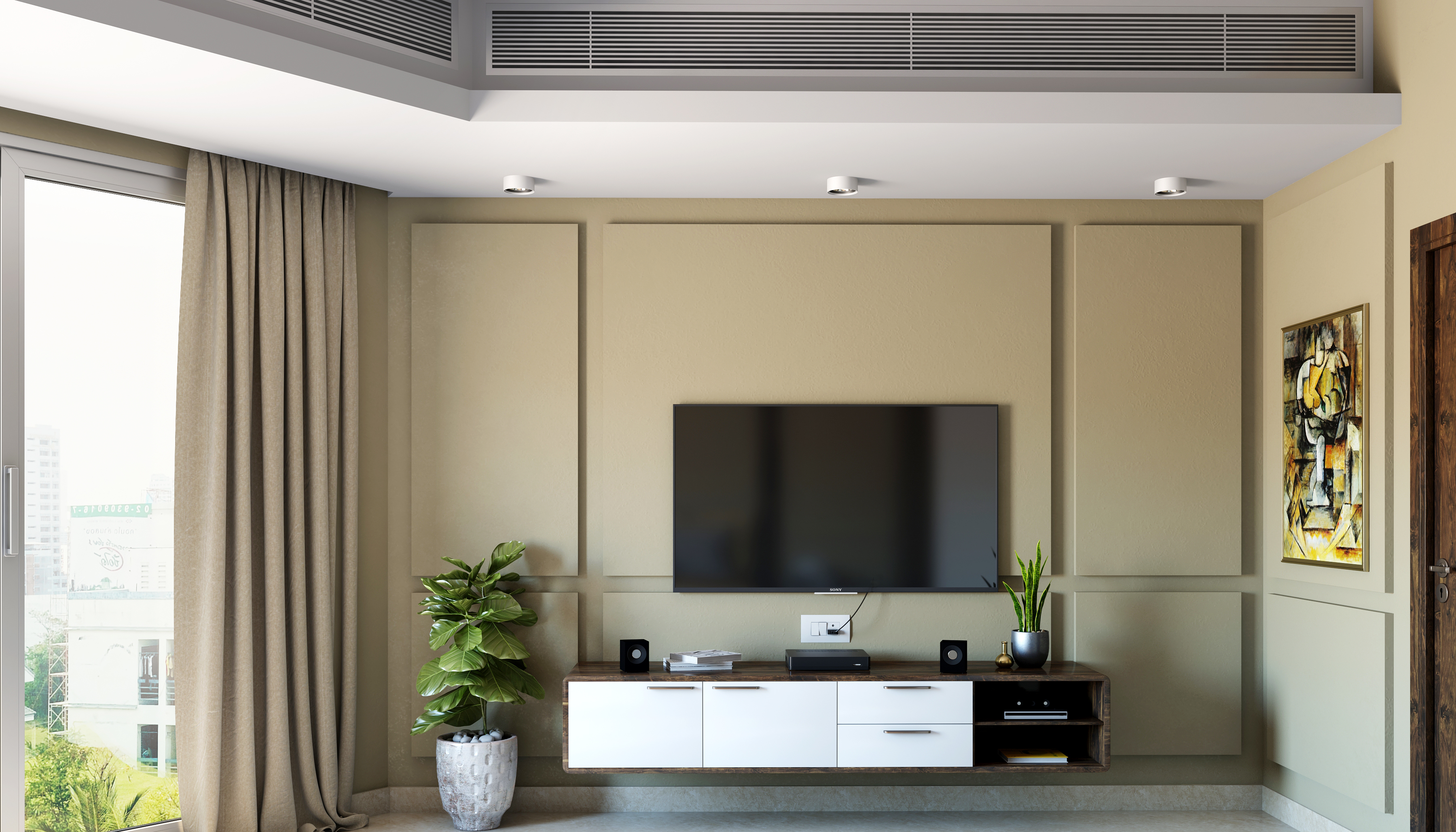 Compact Size Modern Style Light Brown Living Room Design | Livspace