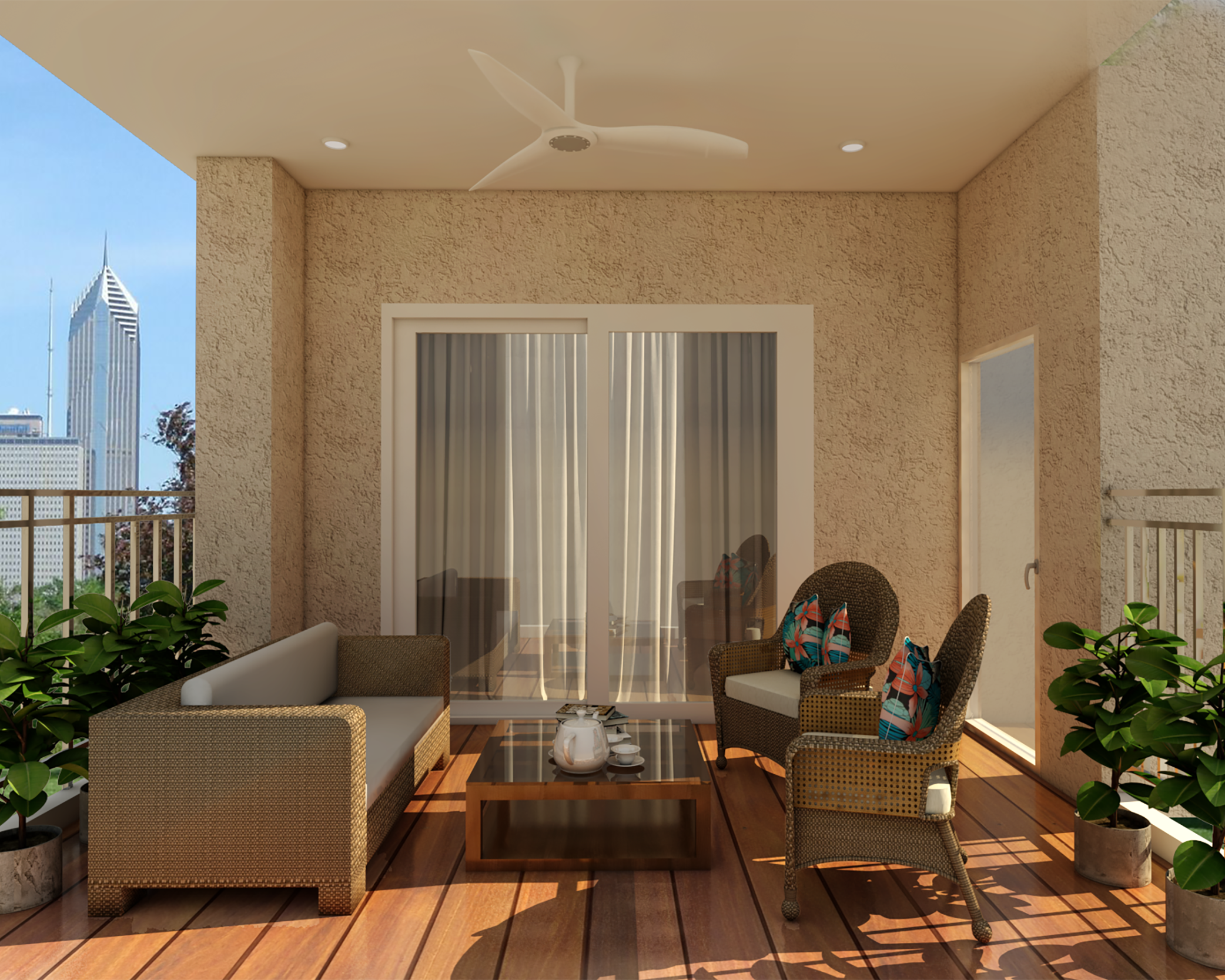 Modern Balcony Design With Comfortable Seaters And Coffee Table | Livspace