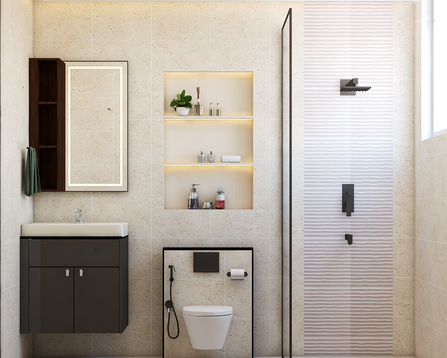 Spacious Bathroom Design With Textured Tiles | Livspace