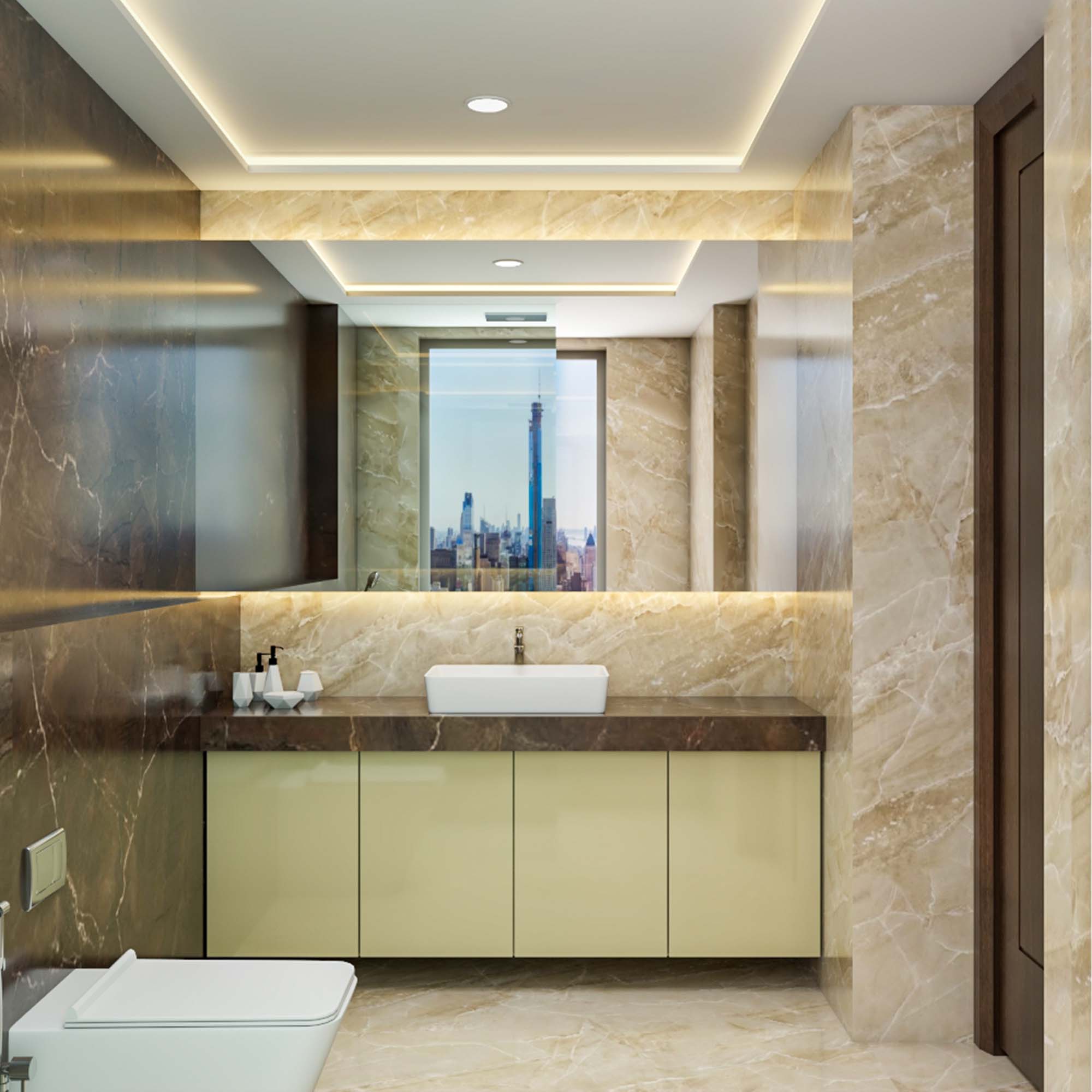 Spacious Brown And Beige Rustic Bathroom Design Livspace