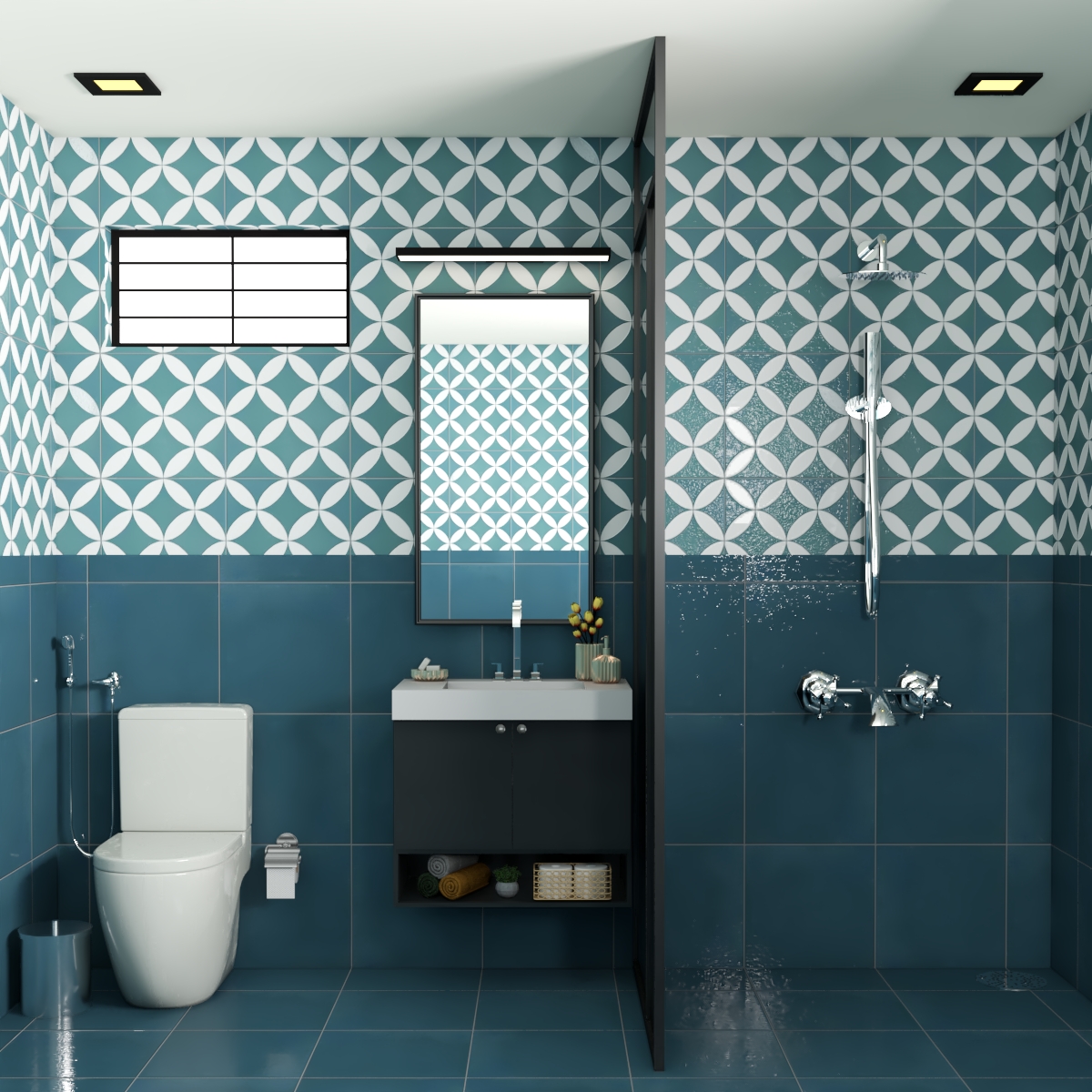 Blue-Themed Modern Bathroom Design With Cement Wall Tiles | Livspace