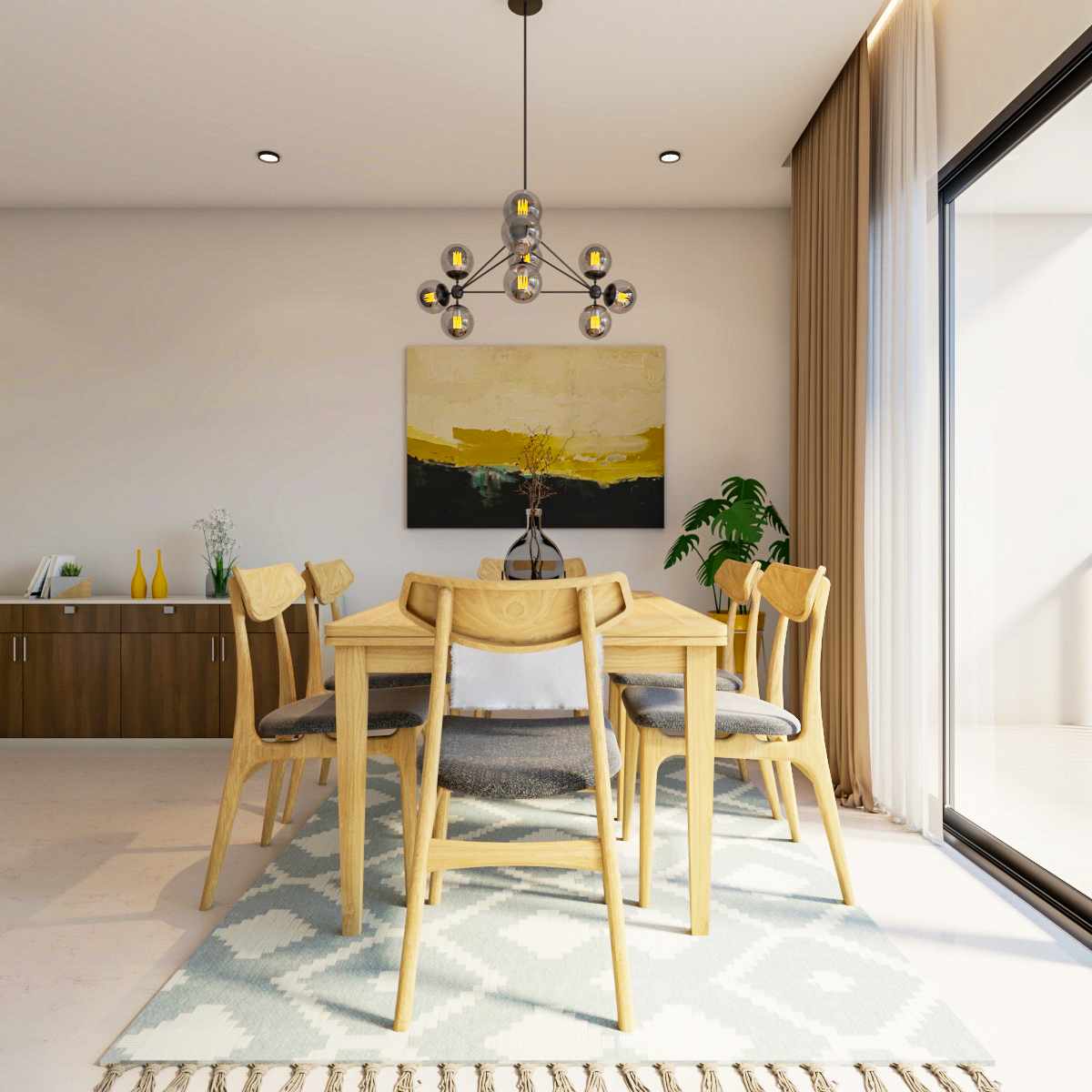 Spacious Minimal Glam Dining Room Design With Wooden Furniture | Livspace
