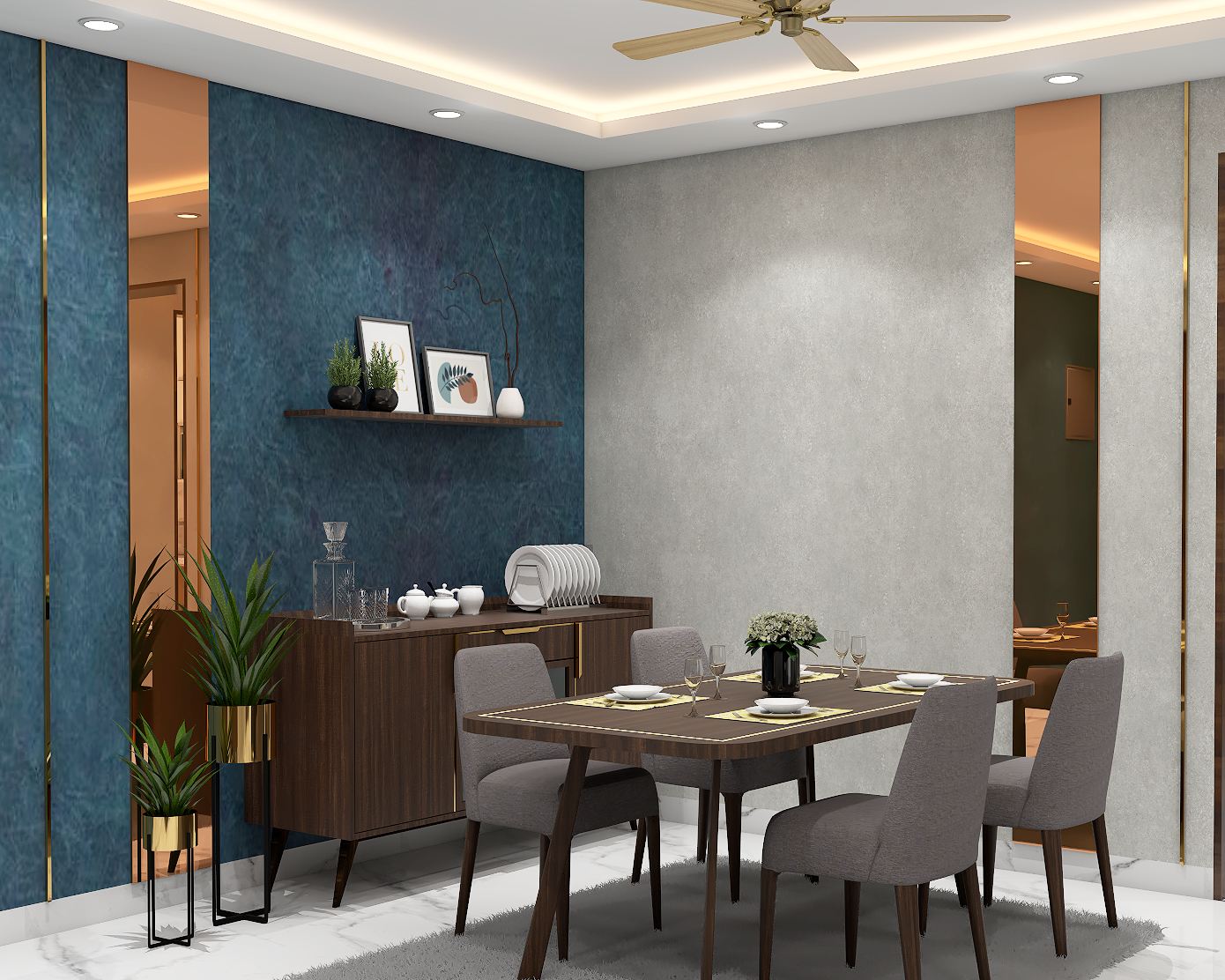 Contemporary Dining Room Design With Vibrant Blue Wall | Livspace