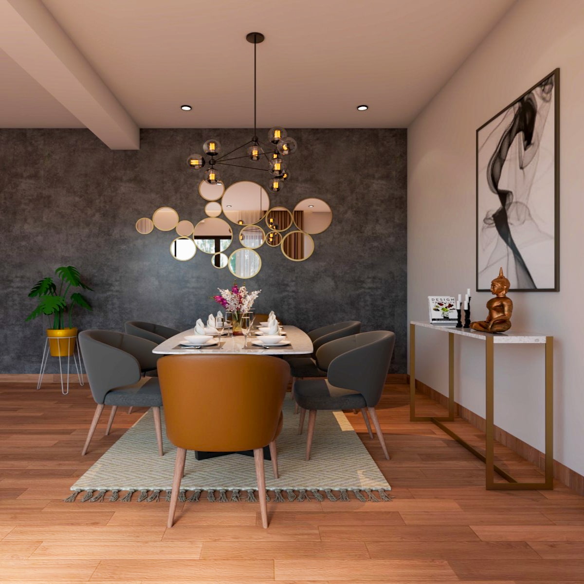 Spacious Dining Room Design With Ornamental Mirror And Dual-Toned ...