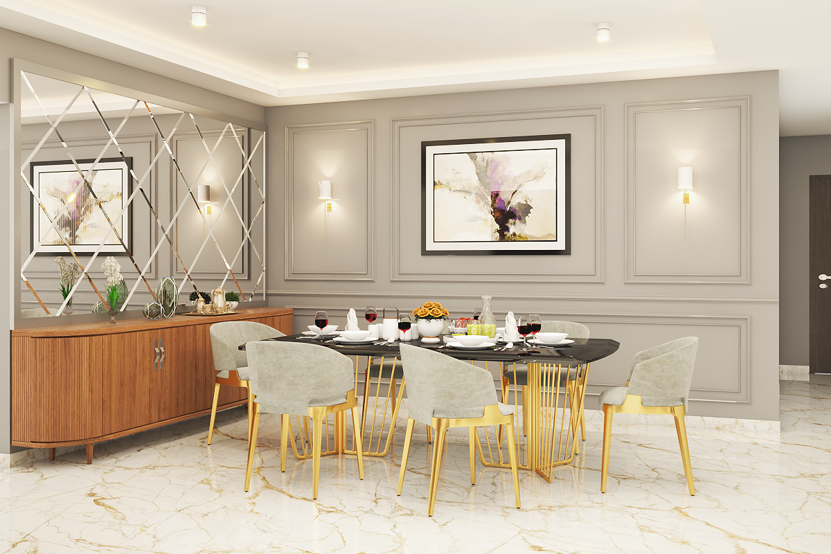 Contemporary Six-Seater Dining Room With Black Marble Table | Livspace