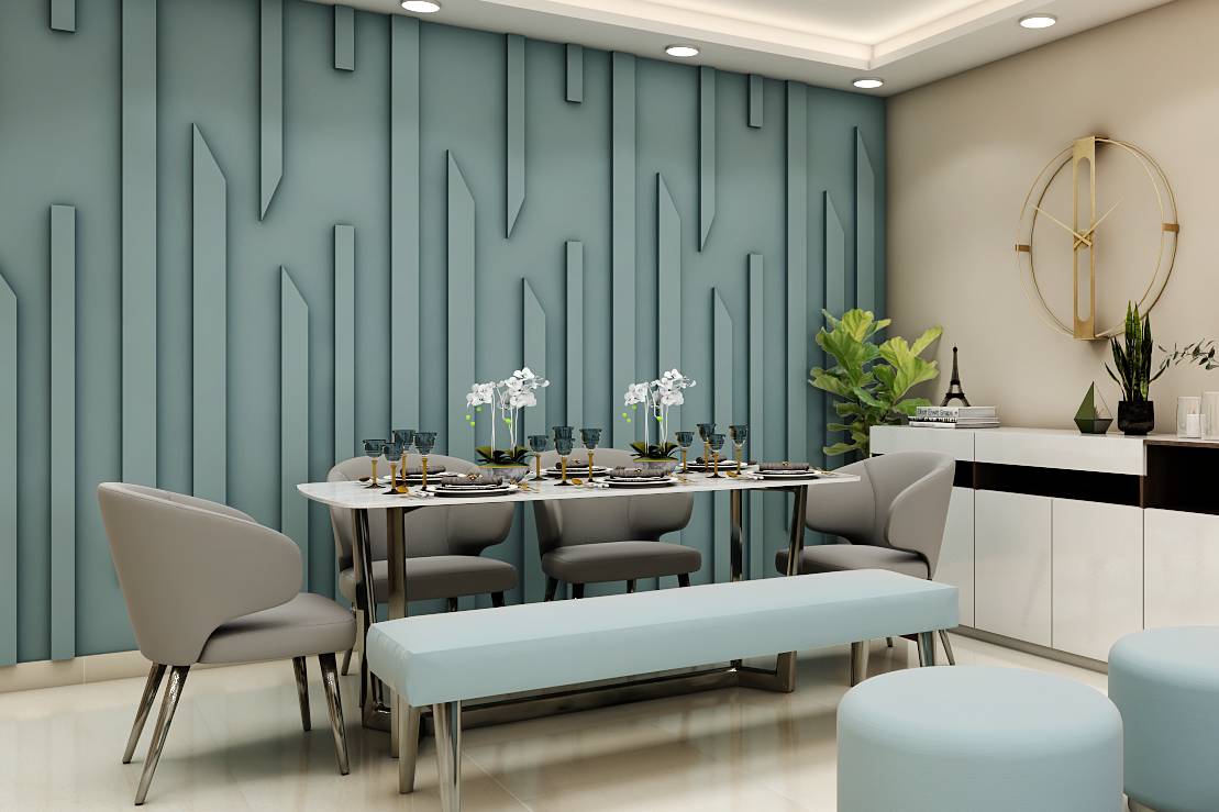 Blue-Themed Dining Room With Contemporary Furnishings | Livspace