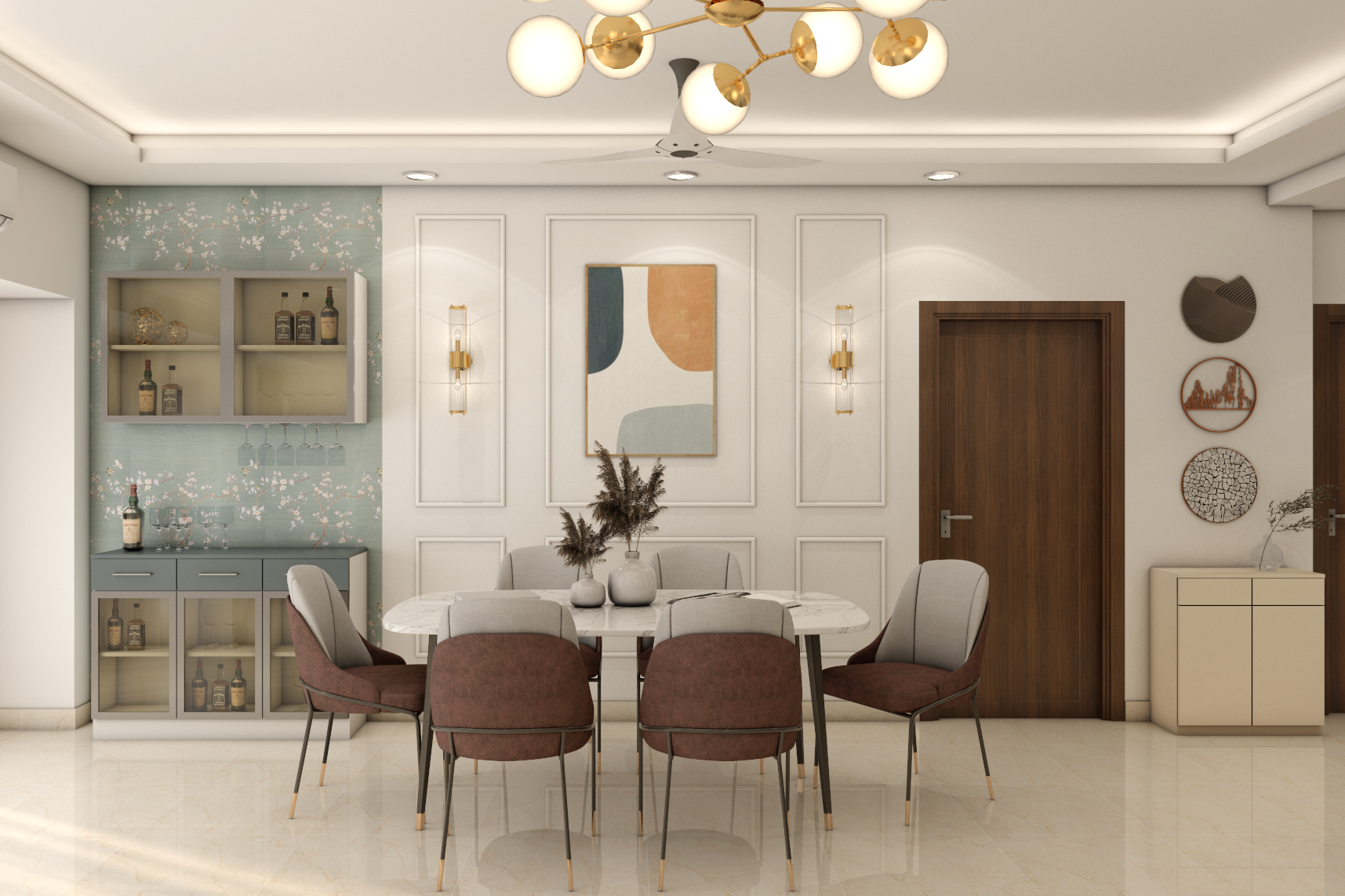 Contemporary Six-Seater Dining Room With White Trims And Bar Counter ...