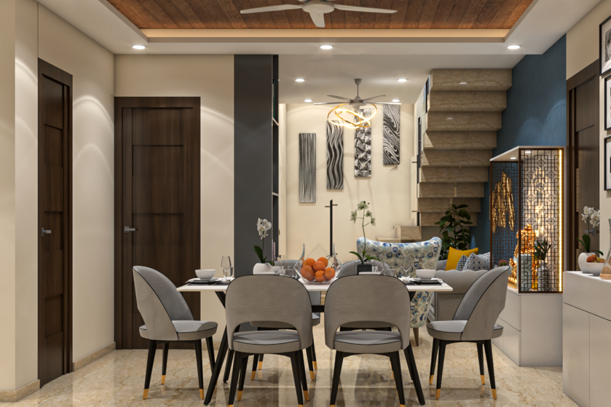 Spacious 6-Seater Dining Room Design With White Marble Top | Livspace