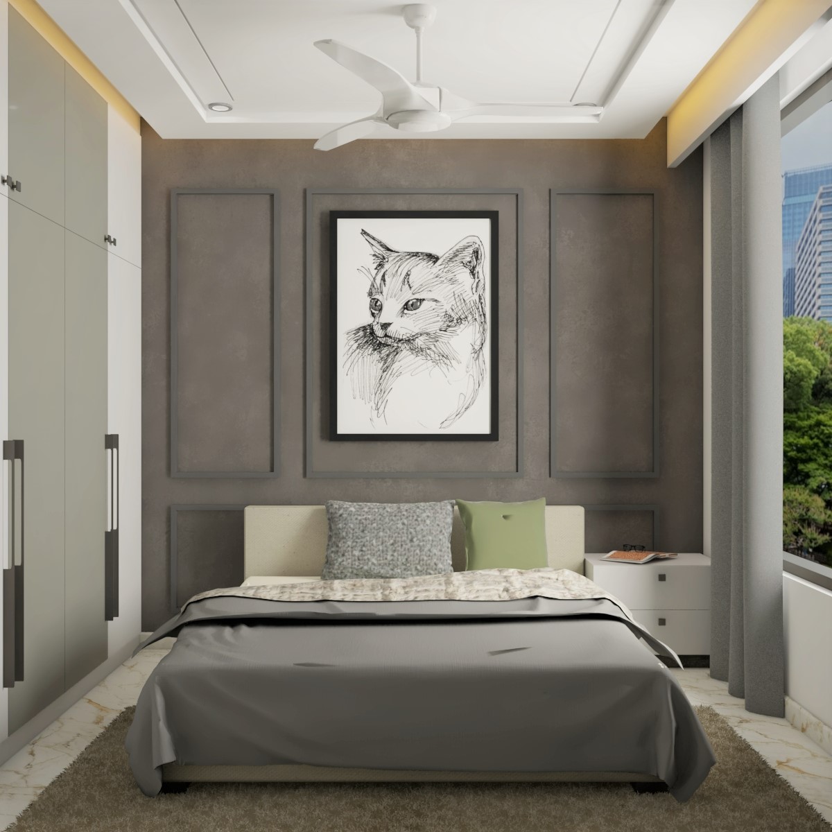 Modern Guest Bedroom Design With Grey Trims | Livspace