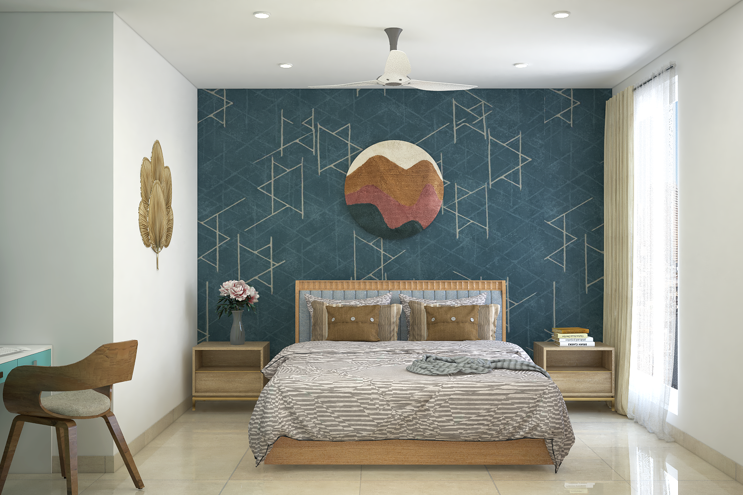 Spacious Guest Bedroom Design With The Blue Patterned Wallpapre | Livspace