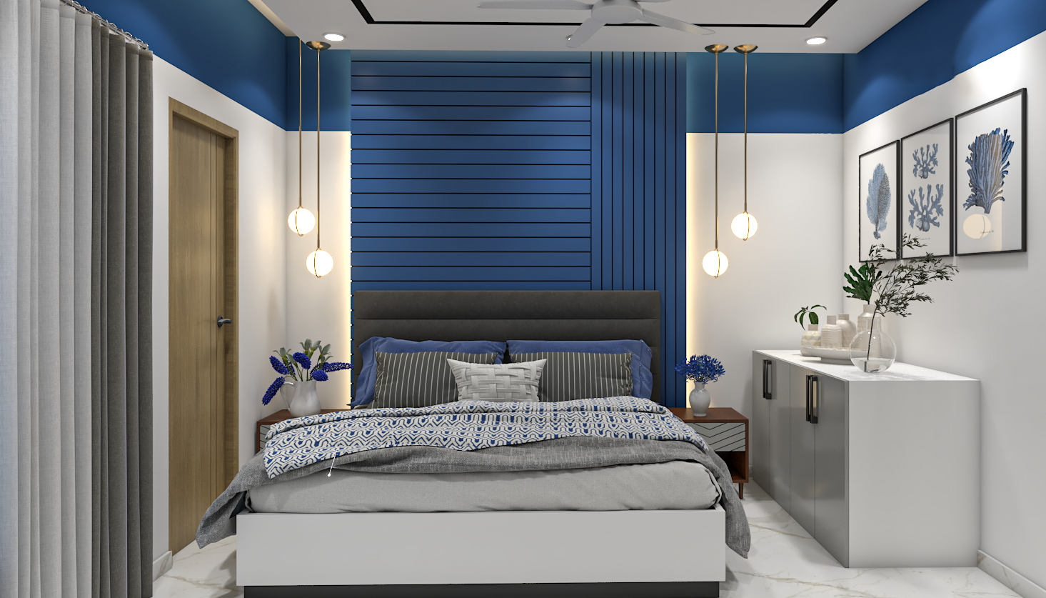 Blue Contemporary Kid's Bedroom Design With Pendant Light | Livspace