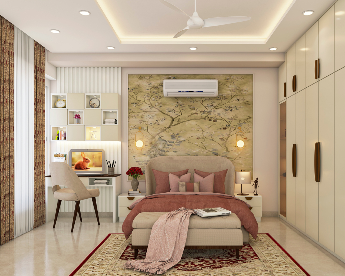 Spacious Kid's Bedroom Design With Floral Wallpaper | Livspace