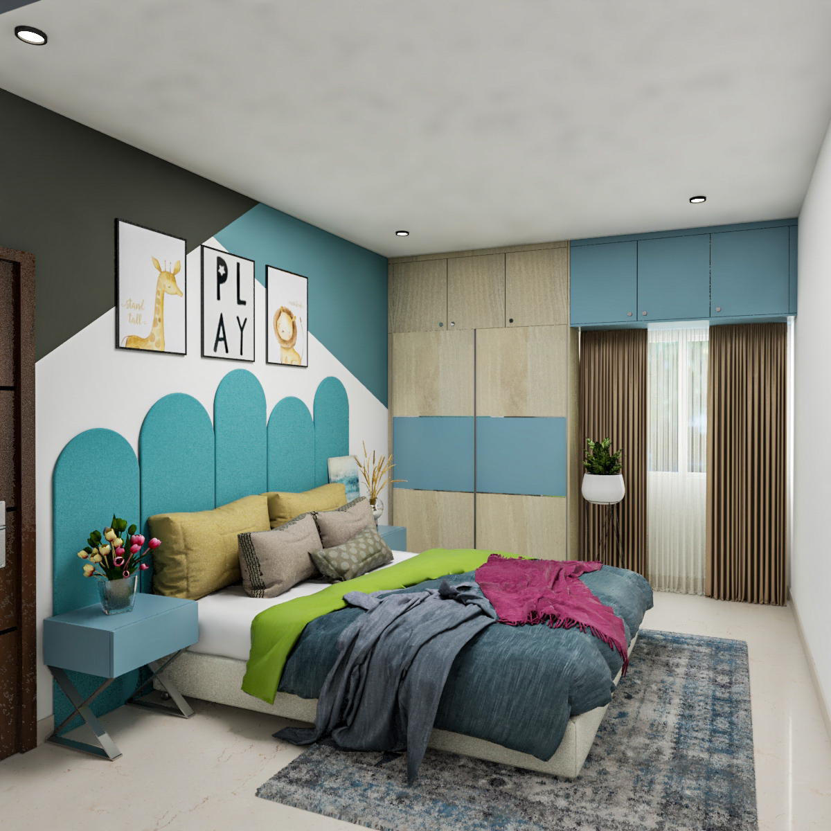 Modern Kid's Bedroom Design With Lively Colours And Blue Headboard ...