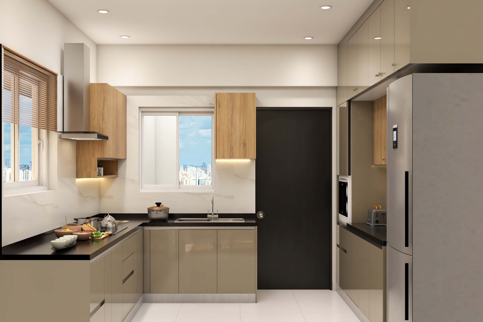 Cream And Brown Kitchen Design With A Granite Countertop | Livspace