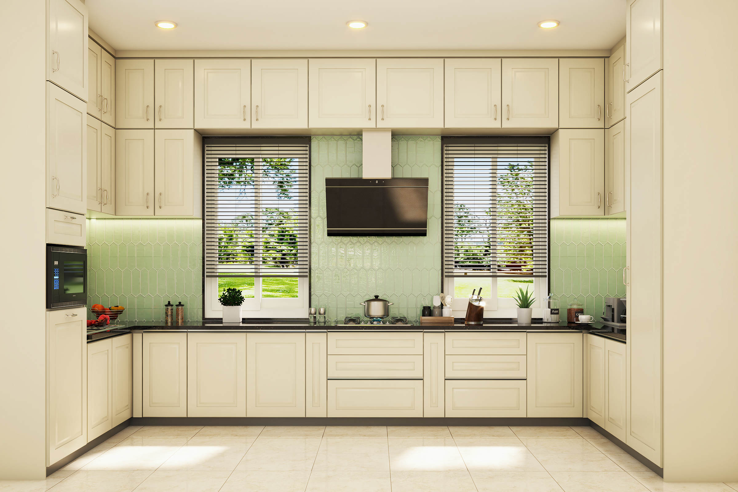 Spacious Kitchen Design With Green Dado Tiles | Livspace