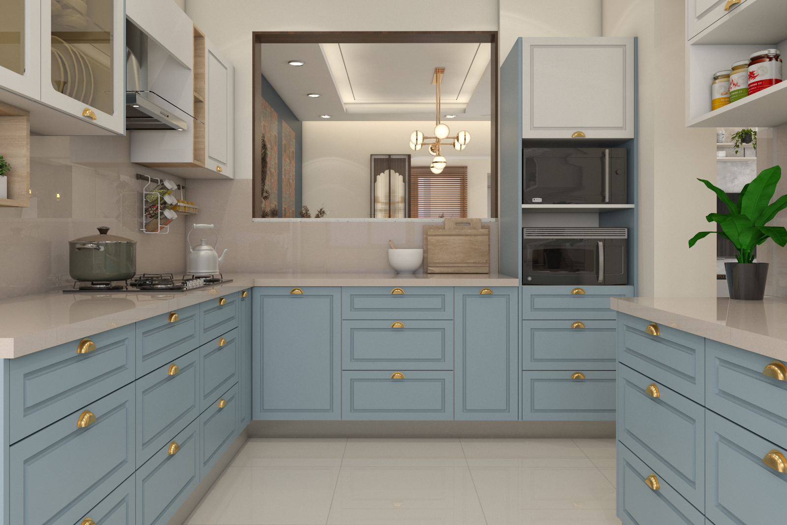 Blue and White Spacious Kitchen Design | Livspace