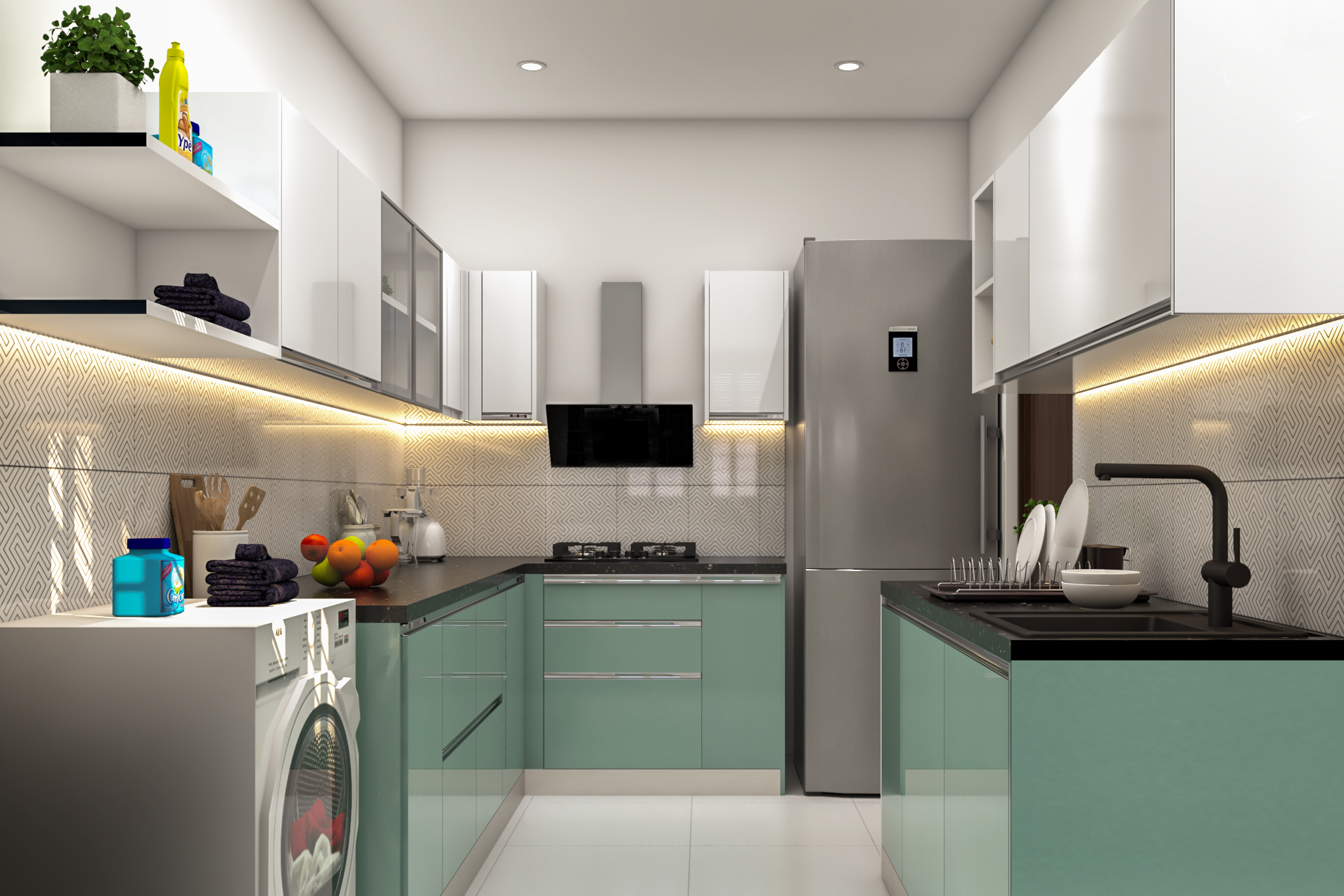 Green And White Modern Spacious Kitchen Design | Livspace