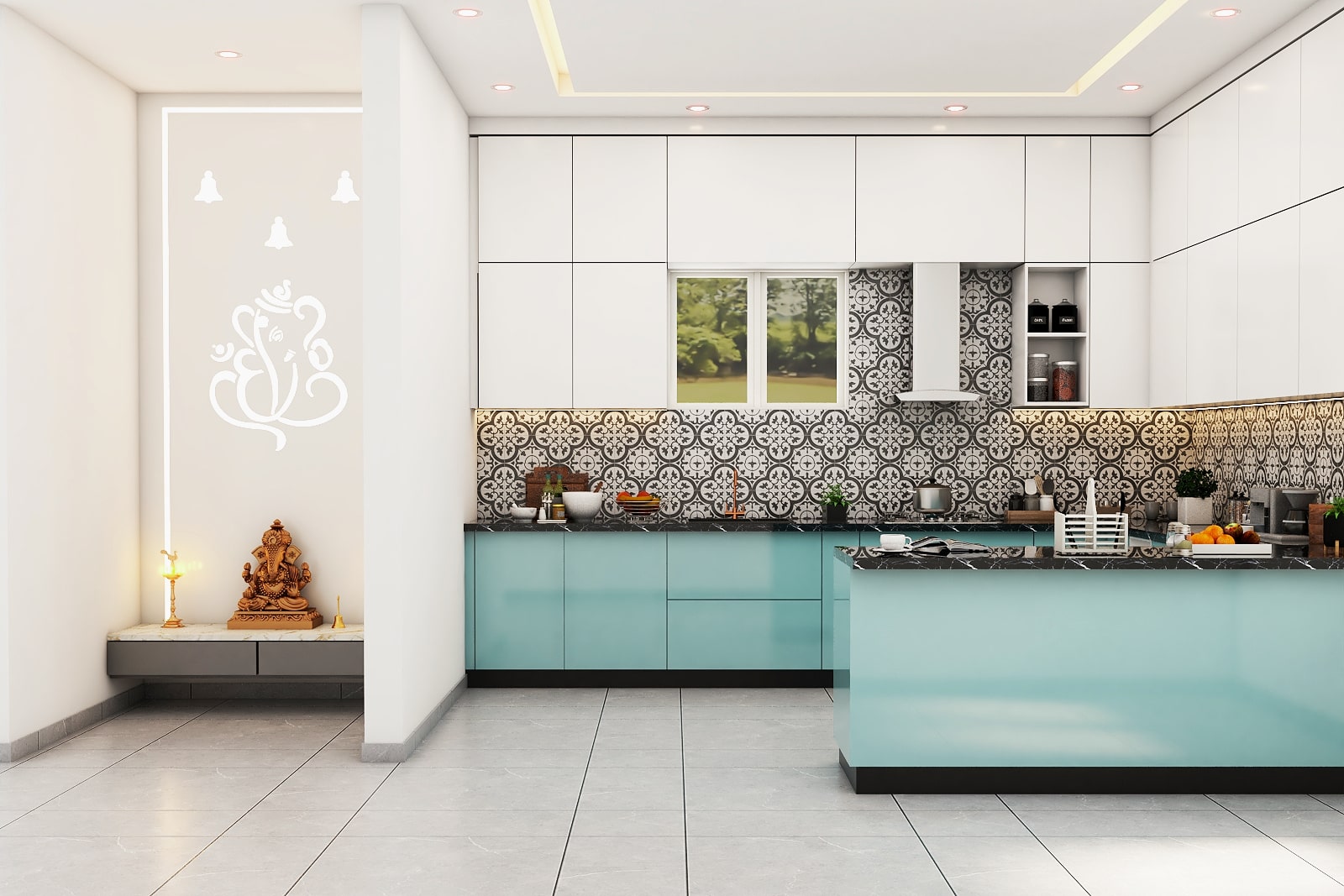 U-Shaped Kitchen Design With Blue And White Coloured Cabinets | Livspace