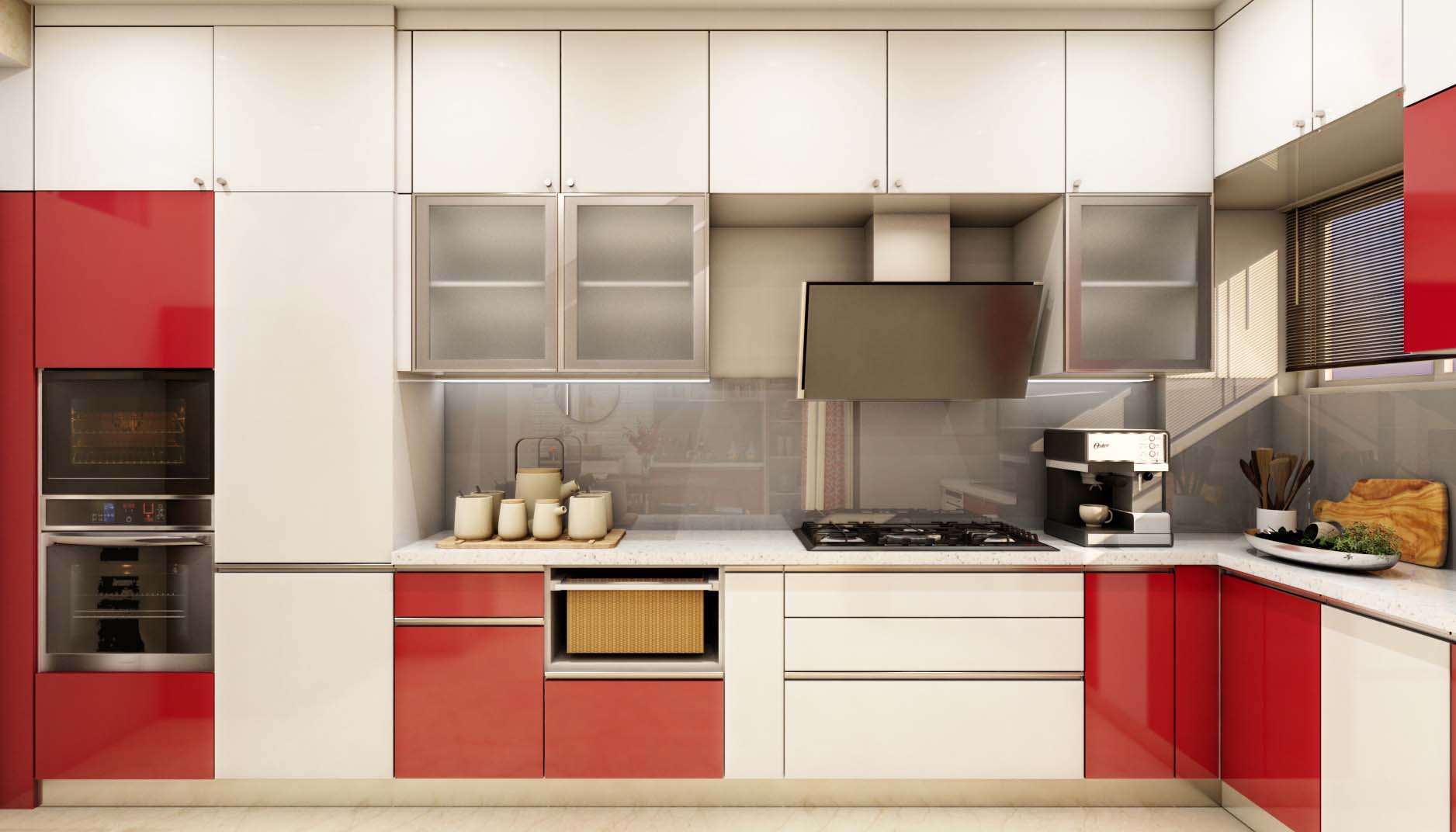 Modern L-Shaped Kitchen Design With Dado Tiles | Livspace