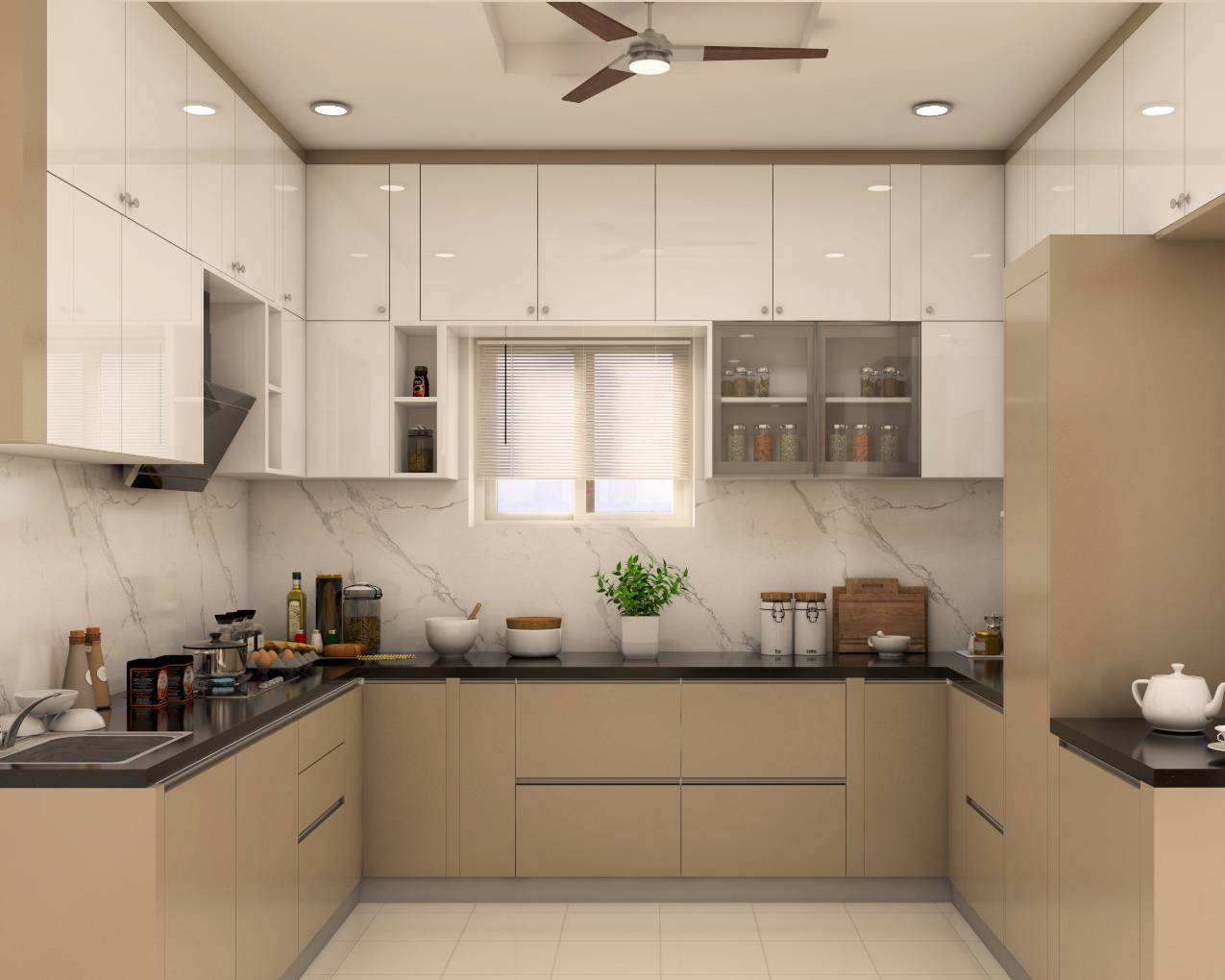 Modern L-Shaped Modular Kitchen Design With Beige Interiors | Livspace