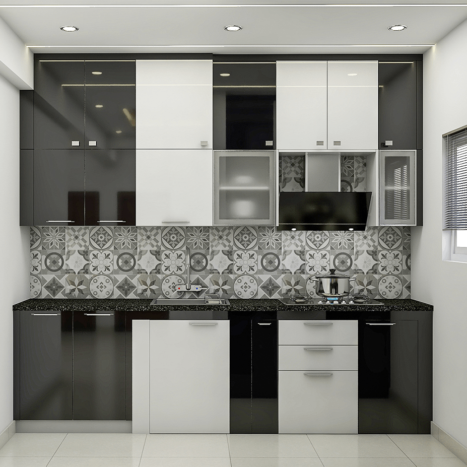 Modern And Compact Kitchen With Black And White Palette | Livspace