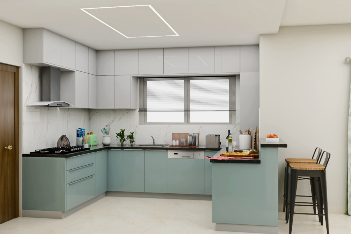Blue And Grey U-Shaped Modern Kitchen Design | Livspace