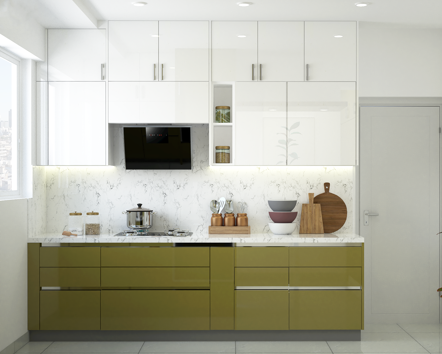 Compact Green And White Modular Kitchen Design | Livspace