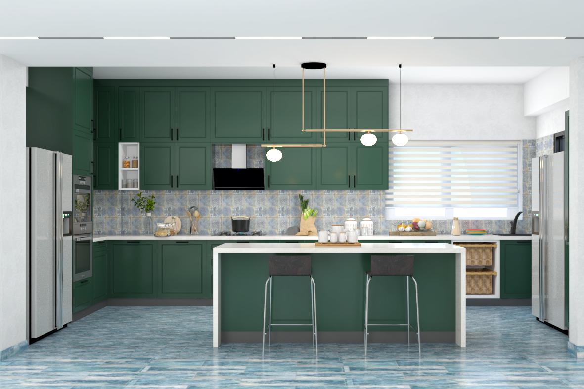 Spacious Green And White Kitchen Design With Island | Livspace