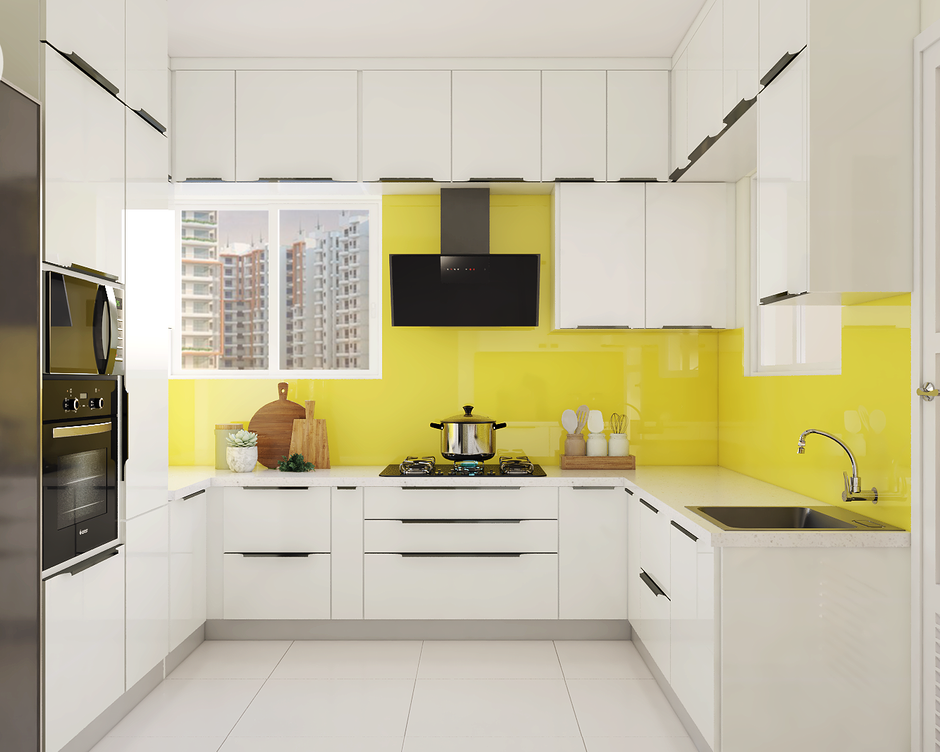 Spacious Glossy White And Yellow Kitchen Design | Livspace