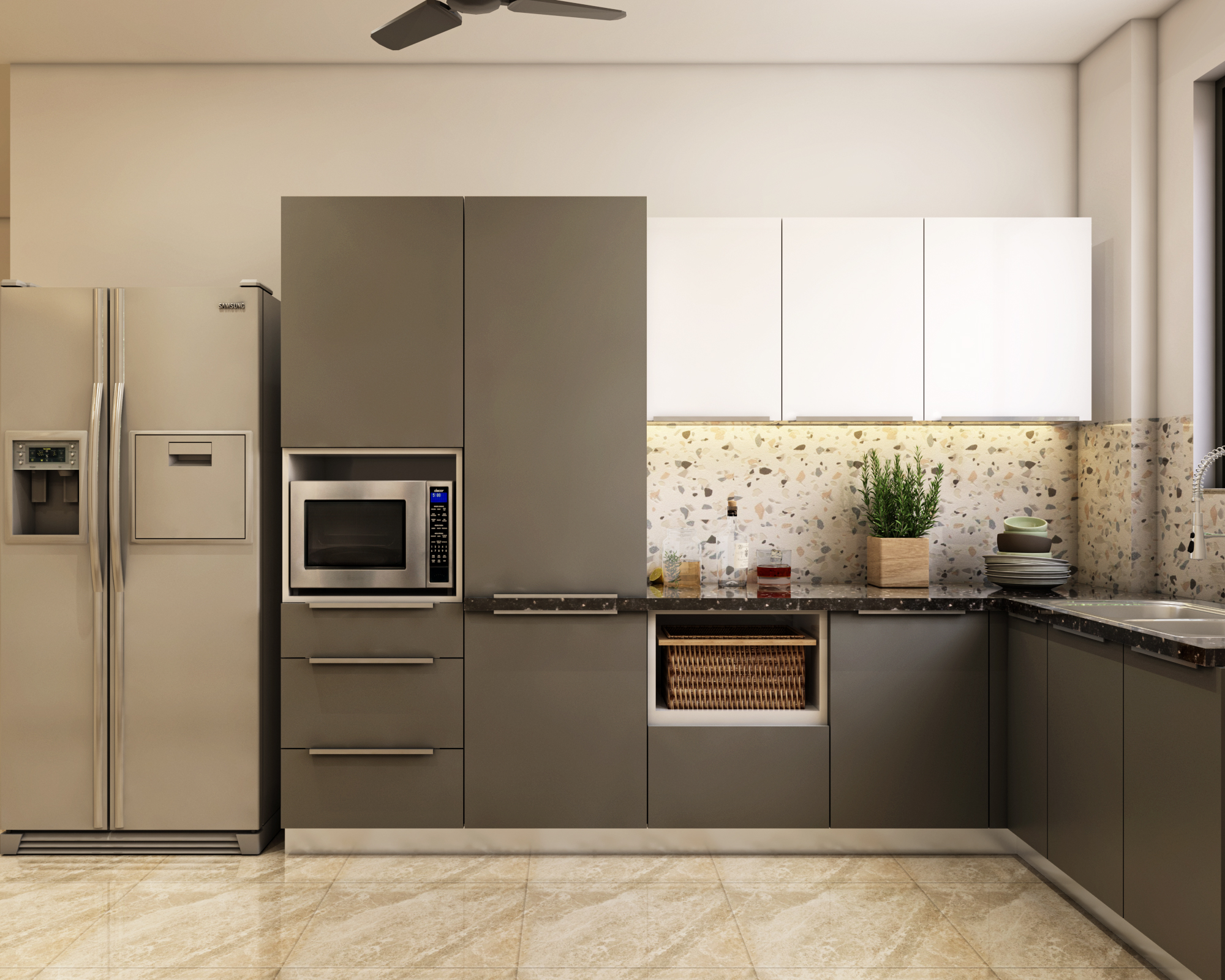 Contemporary Kitchen Design with Grey Coloured Cabinets and Spacious ...