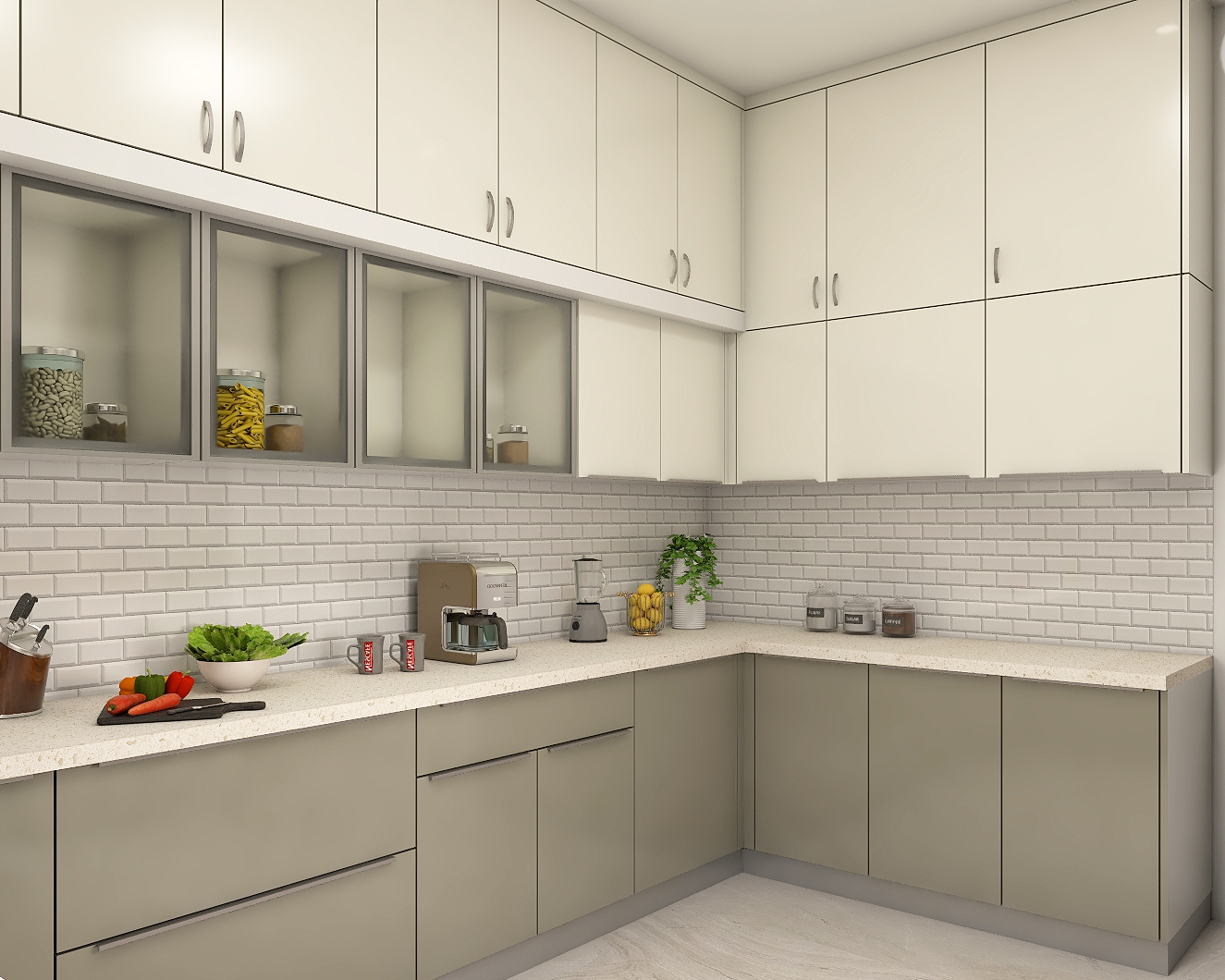 Beige And Green Modern Spacious Kitchen Design Idea | Livspace