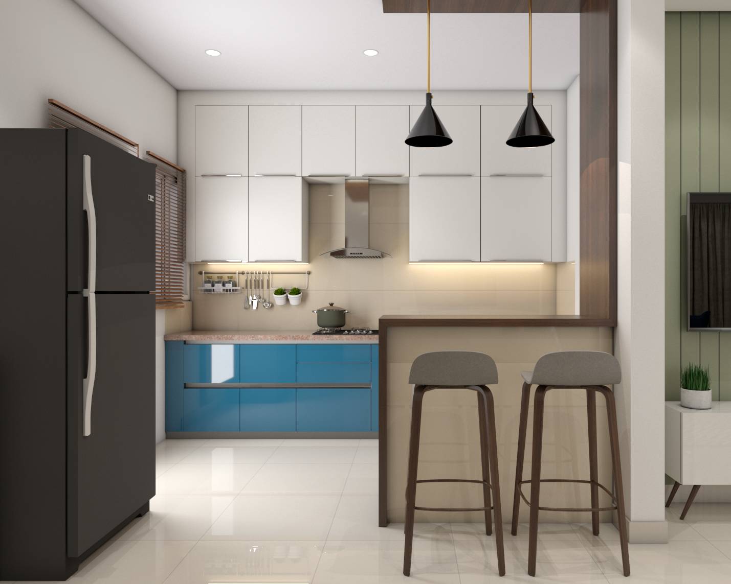 Blue And White Themed Modular Kitchen Design With Breakfast Counter ...